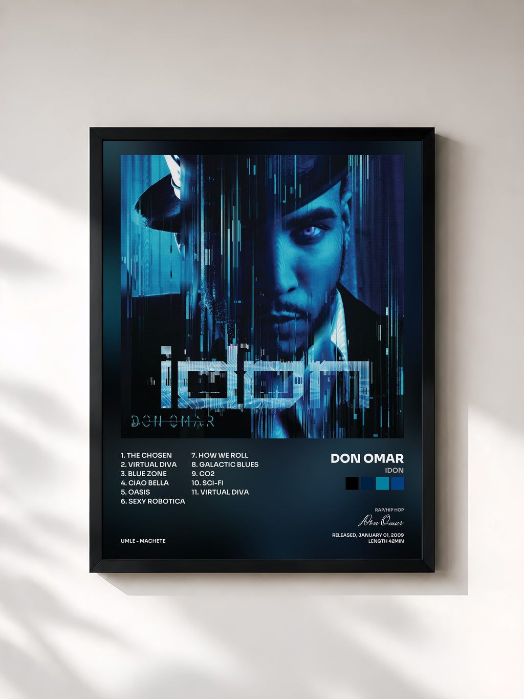 #noir Tableau de l'album iDon de Don Omar, cadre noir, imprimé et encadré en France