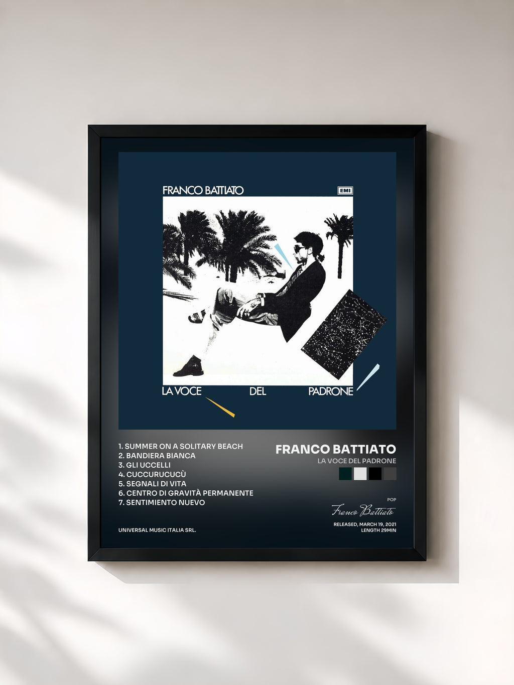#noir Tableau de l'album La Voce Del Padrone de Franco Battiato, cadre noir, imprimé et encadré en France