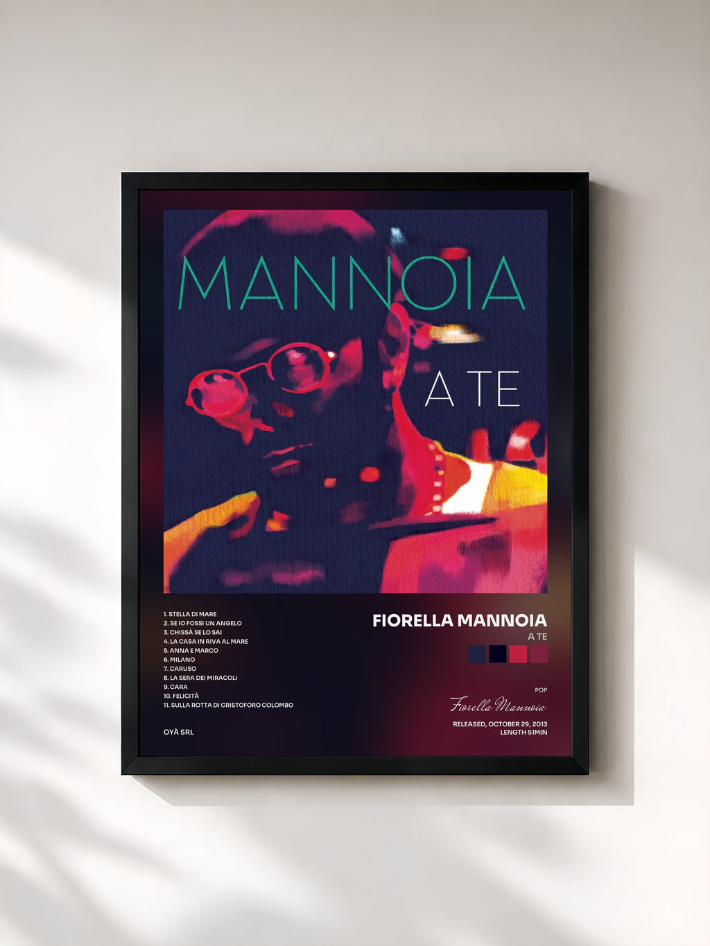 #noir Tableau de l'album A te de Fiorella Mannoia, cadre noir, imprimé et encadré en France