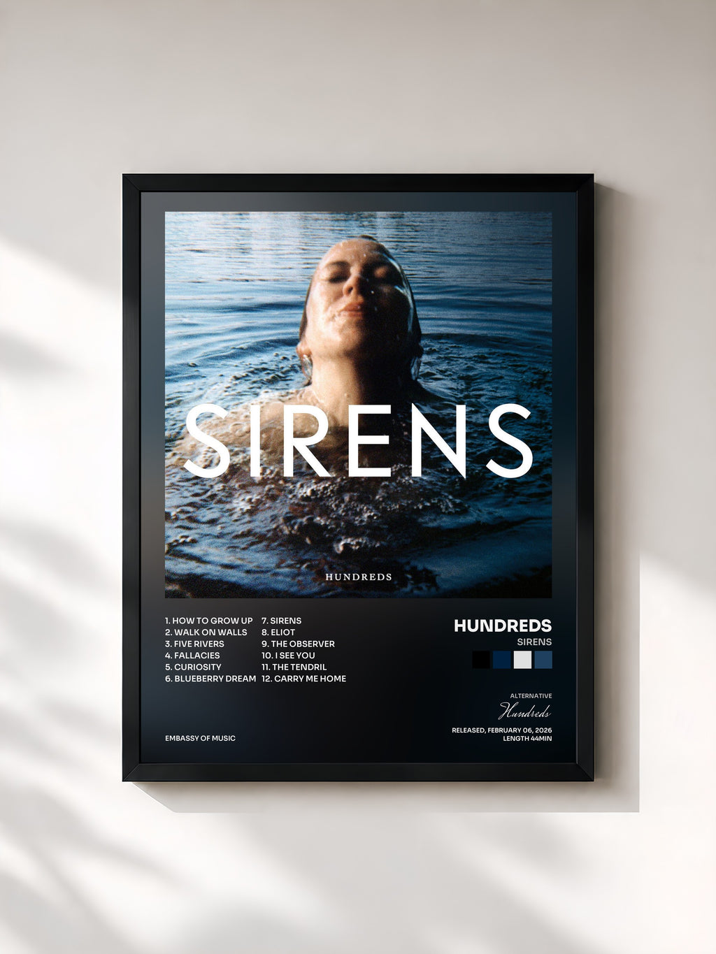 #noir Tableau de l'album Sirens de Hundreds, cadre noir, imprimé et encadré en France