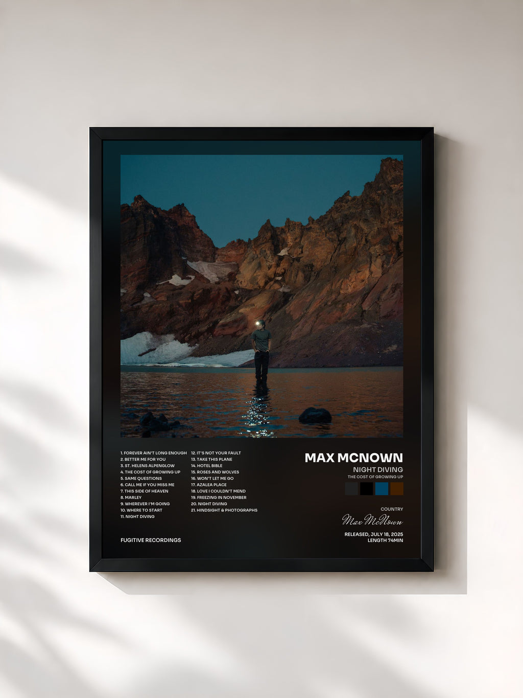 #noir Tableau de l'album Night Diving (The Cost of Growing Up) de Max McNown, cadre noir, imprimé et encadré en France