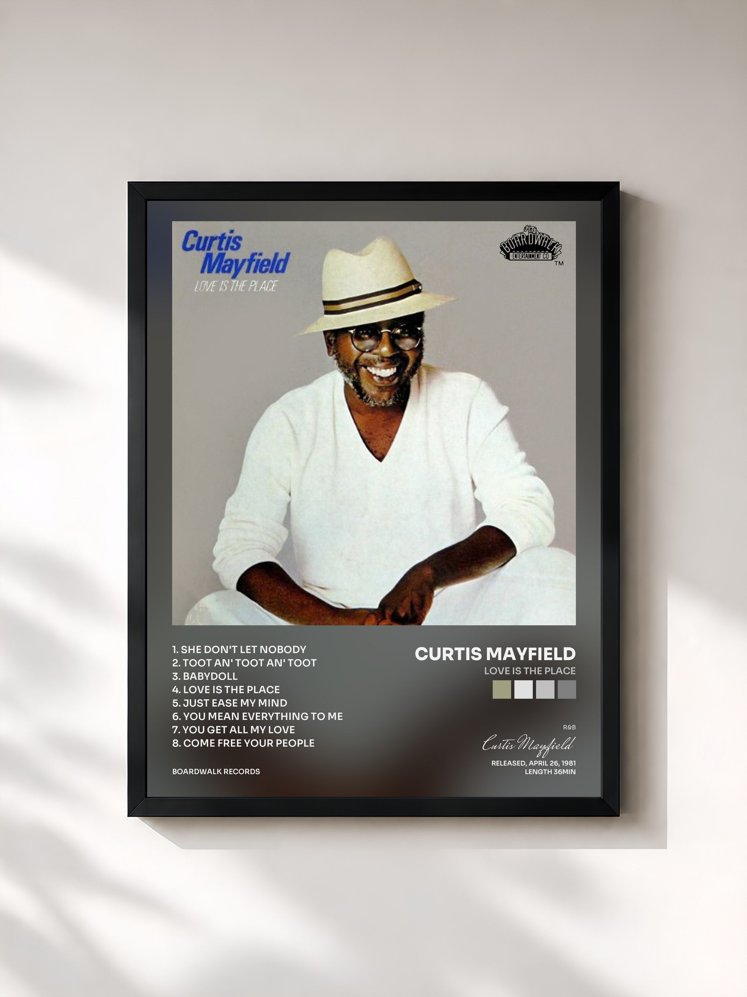 #noir Tableau de l'album Love is the Place de Curtis Mayfield, cadre noir, imprimé et encadré en France