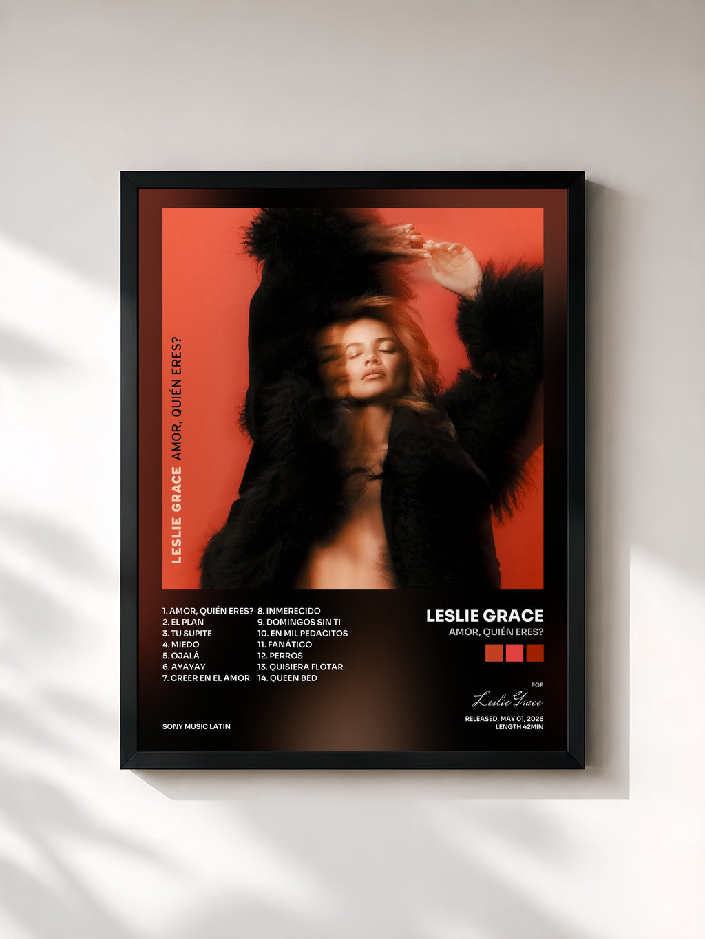#noir Tableau de l'album AMOR, QUIÉN ERES? de Leslie Grace, cadre noir, imprimé et encadré en France
