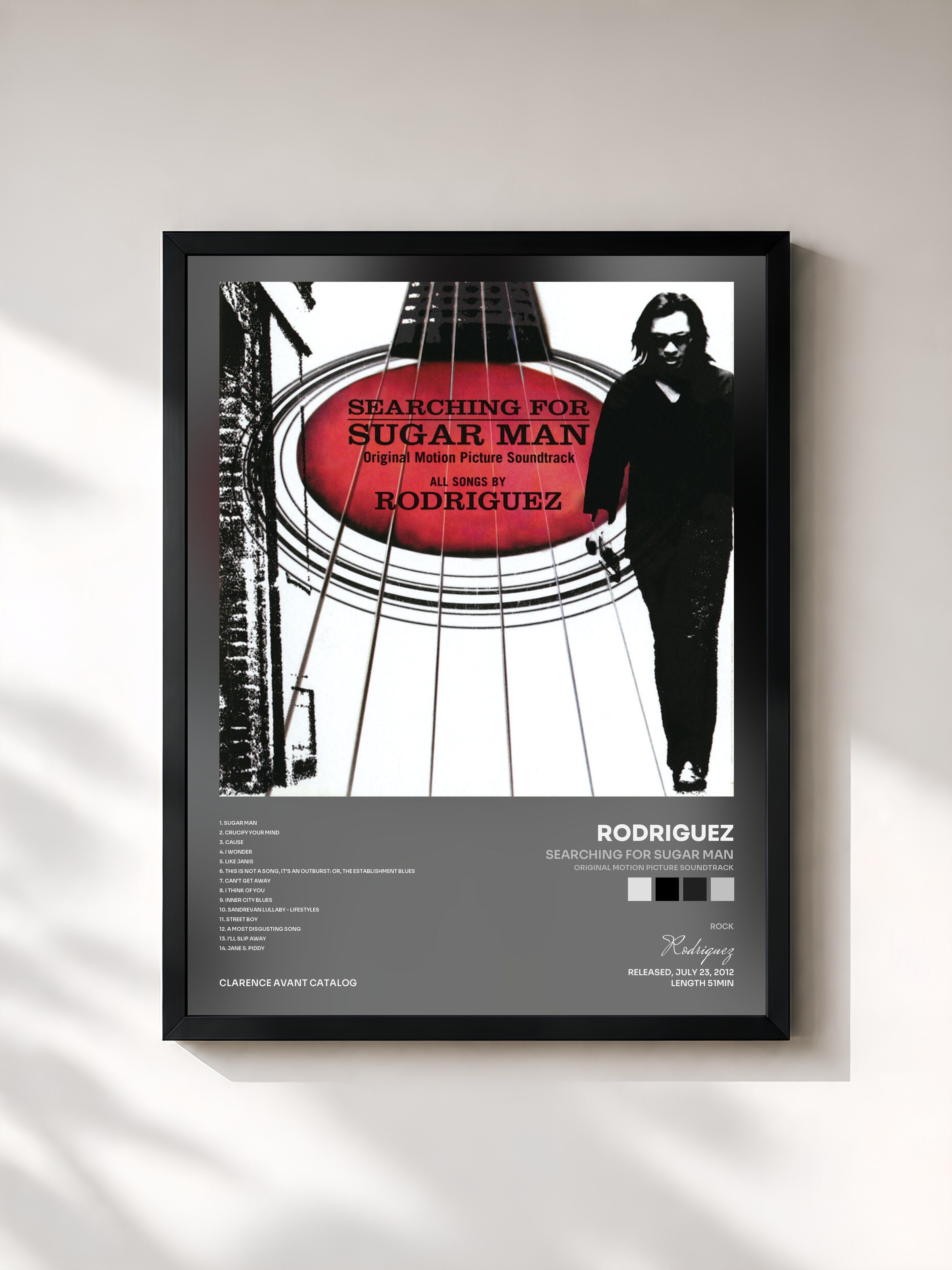 #noir Tableau de l'album Searching For Sugar Man (Original Motion Picture Soundtrack) de Rodriguez, cadre noir, imprimé et encadré en France