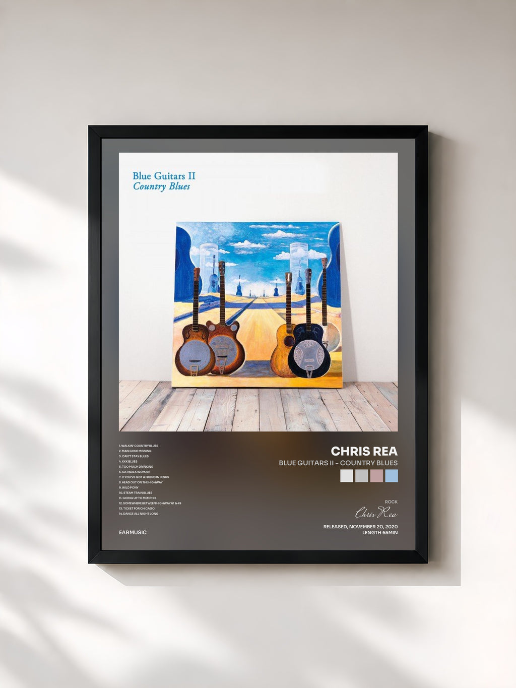 #noir Tableau de l'album Blue Guitars II - Country Blues de Chris Rea, cadre noir, imprimé et encadré en France