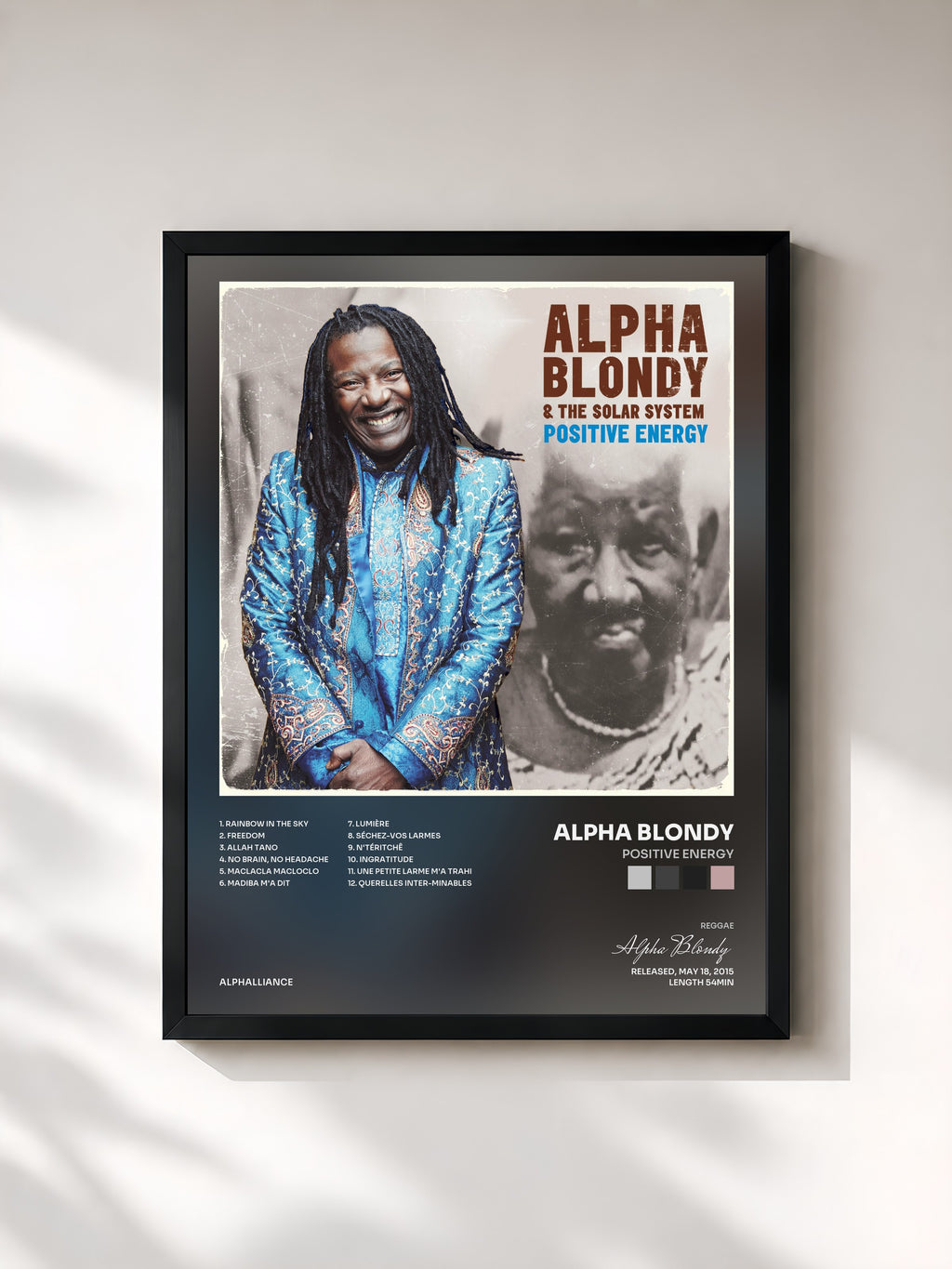 #noir Tableau de l'album Positive Energy de Alpha Blondy, cadre noir, imprimé et encadré en France