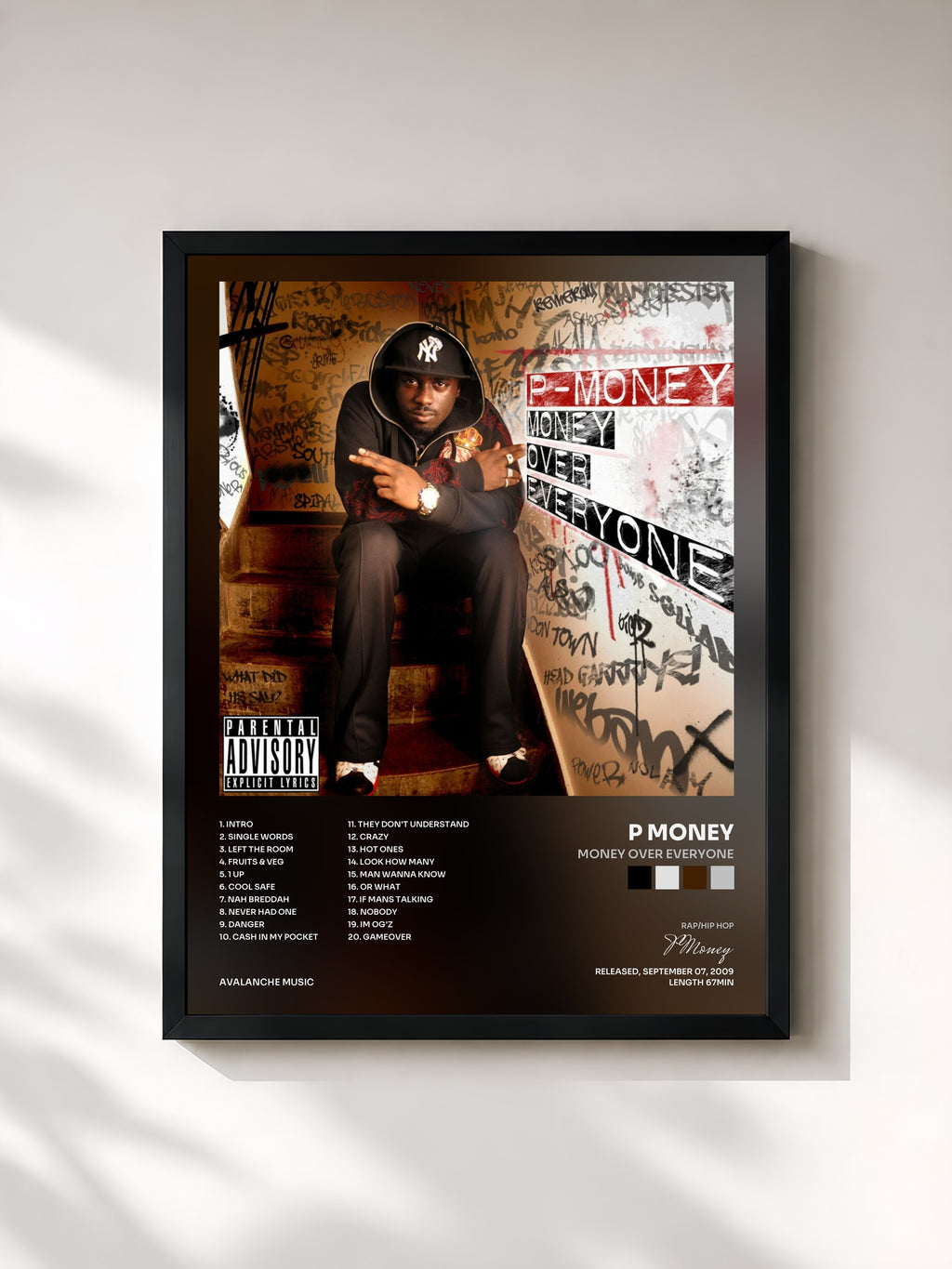 #noir Tableau de l'album Money Over Everyone de P Money, cadre noir, imprimé et encadré en France