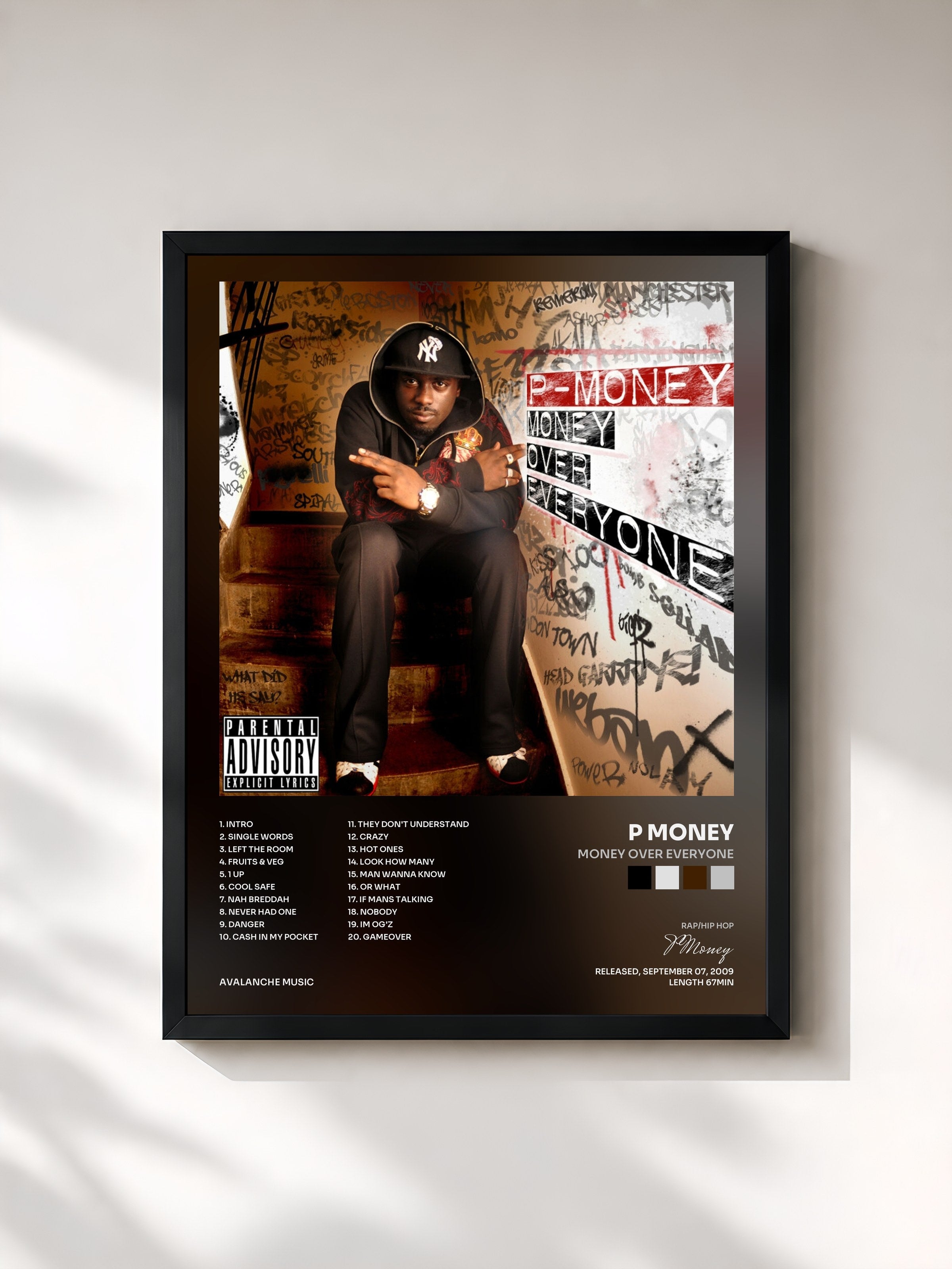 #noir Tableau de l'album Money Over Everyone de P Money, cadre noir, imprimé et encadré en France