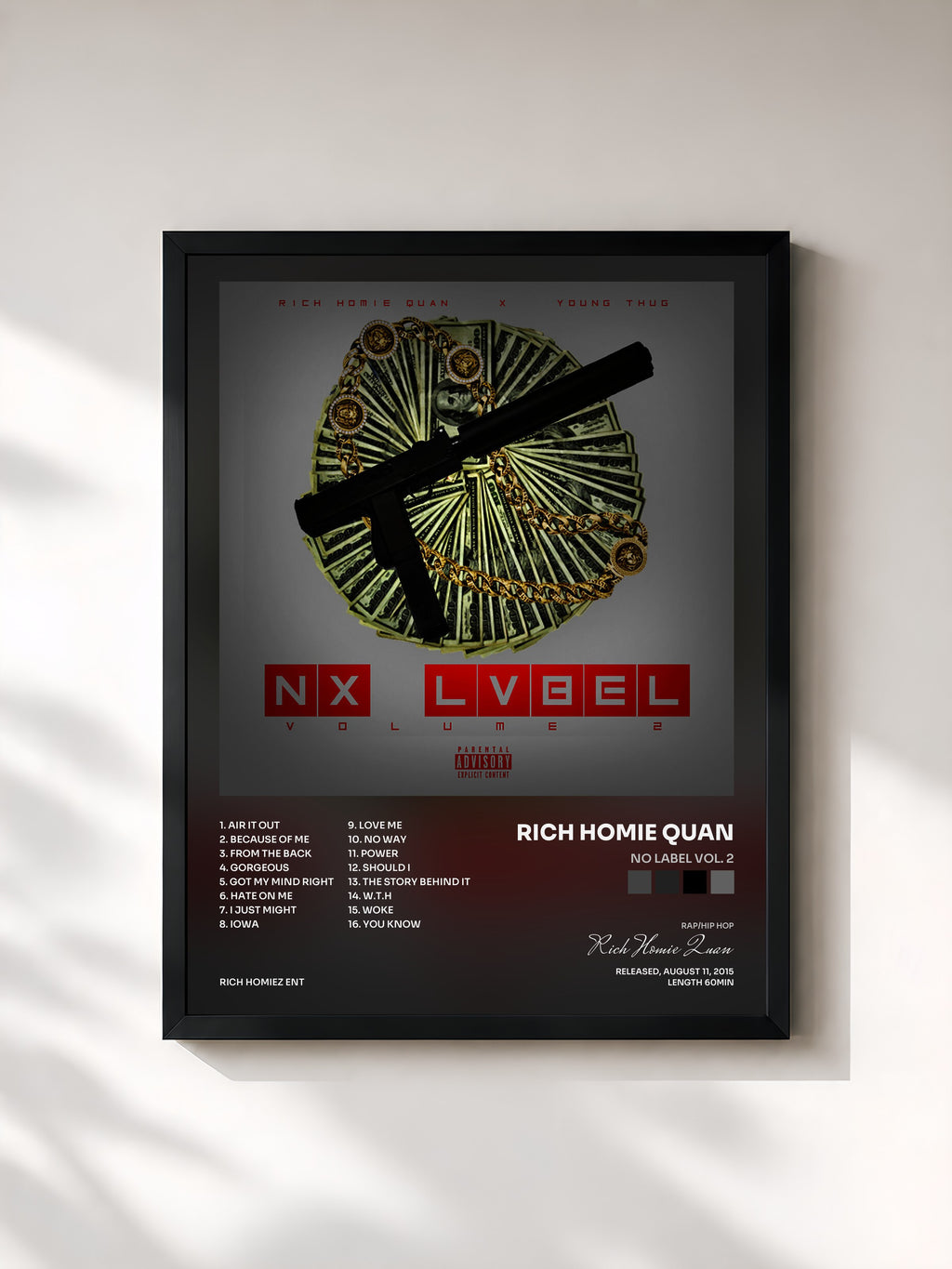 #noir Tableau de l'album No Label Vol. 2 de Rich Homie Quan, cadre noir, imprimé et encadré en France