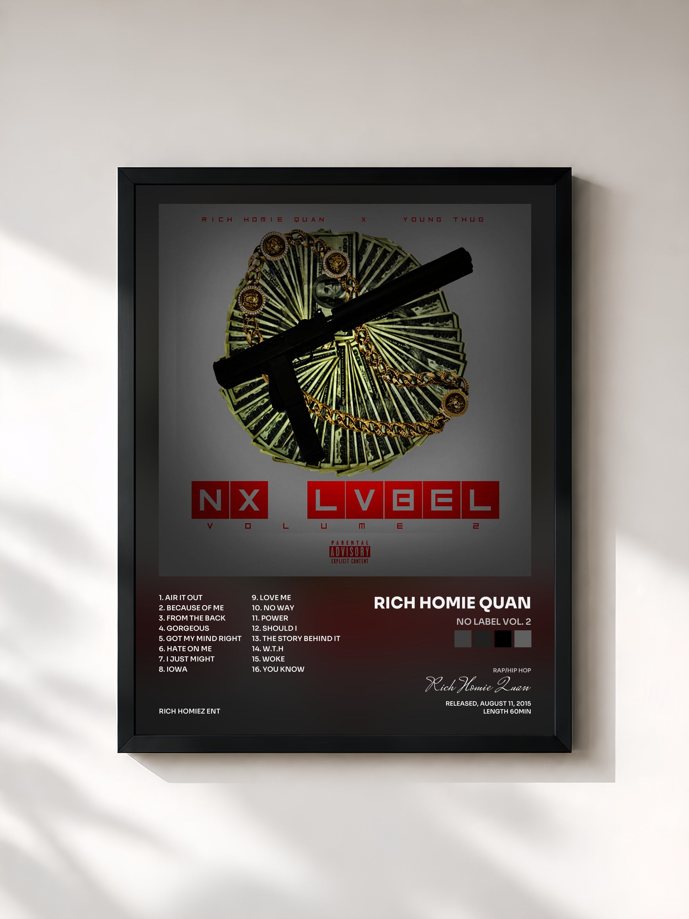 #noir Tableau de l'album No Label Vol. 2 de Rich Homie Quan, cadre noir, imprimé et encadré en France
