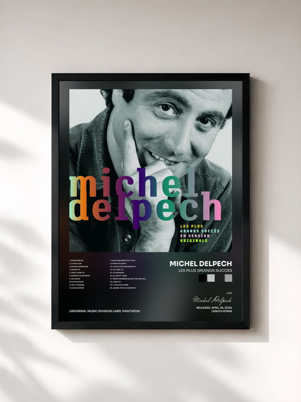 #noir Tableau de l'album Les Plus Grands Succes de Michel Delpech, cadre noir, imprimé et encadré en France