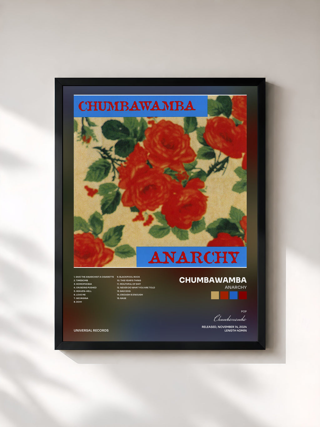 #noir Tableau de l'album Anarchy de Chumbawamba, cadre noir, imprimé et encadré en France