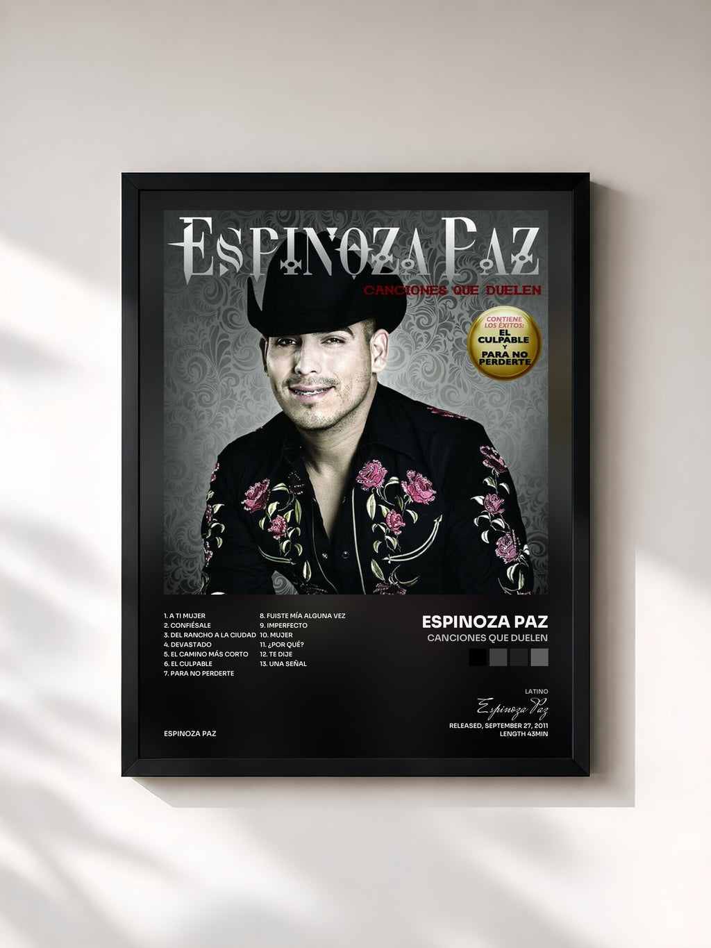 #noir Tableau de l'album Canciones Que Duelen de Espinoza Paz, cadre noir, imprimé et encadré en France