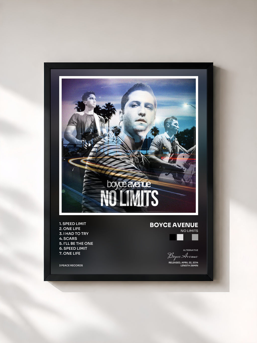 #noir Tableau de l'album No Limits de Boyce Avenue, cadre noir, imprimé et encadré en France