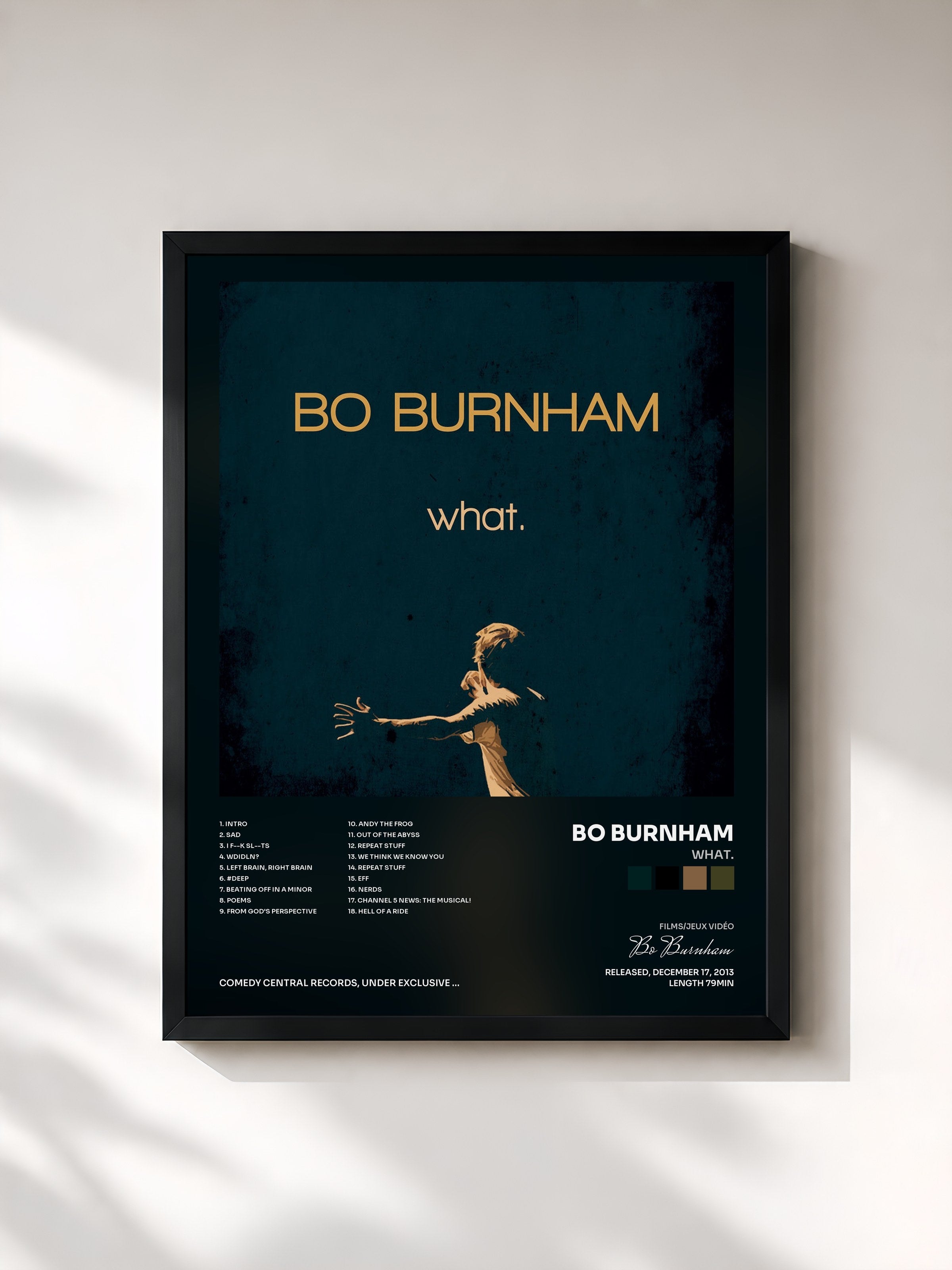#noir Tableau de l'album What. de Bo Burnham, cadre noir, imprimé et encadré en France