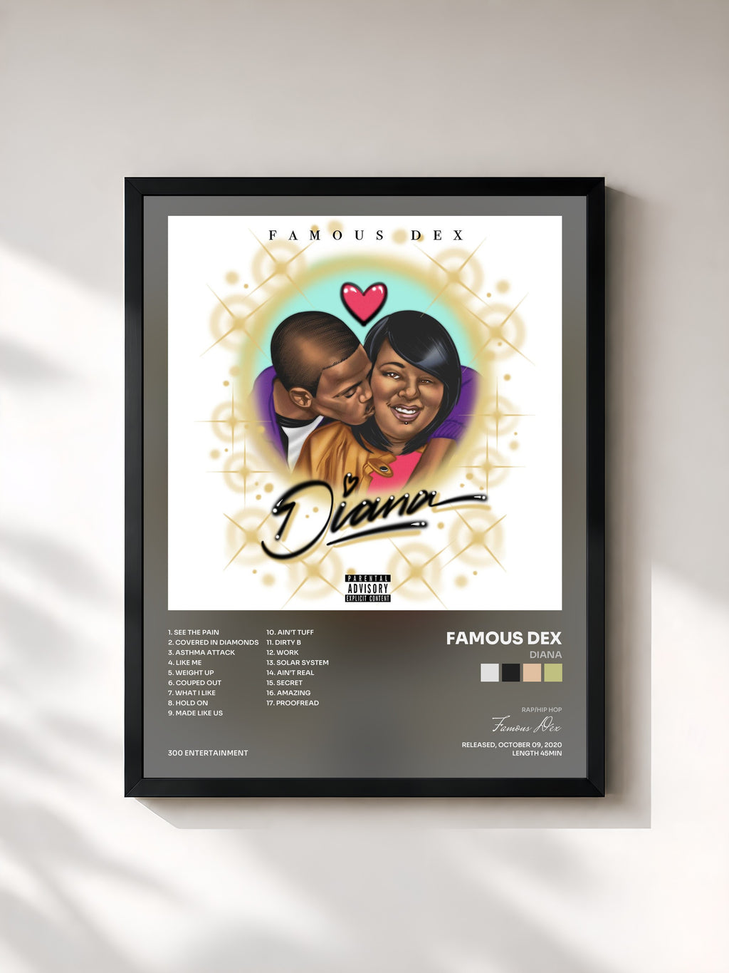 #noir Tableau de l'album Diana de Famous Dex, cadre noir, imprimé et encadré en France