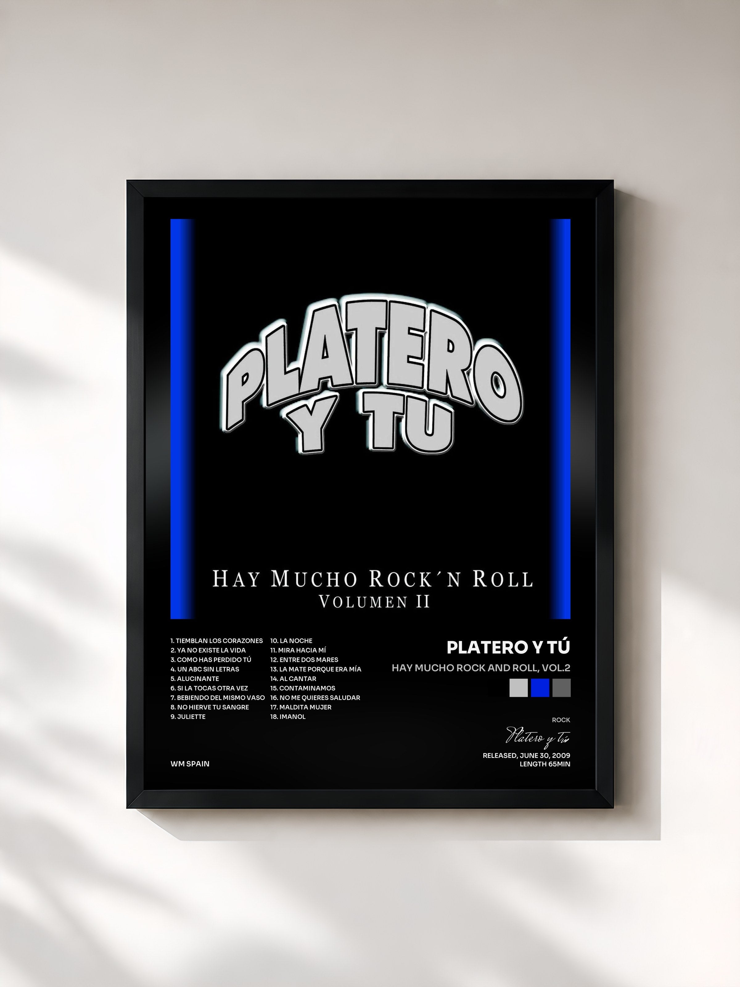 #noir Tableau de l'album Hay mucho Rock and Roll, Vol.2 de Platero y tú, cadre noir, imprimé et encadré en France