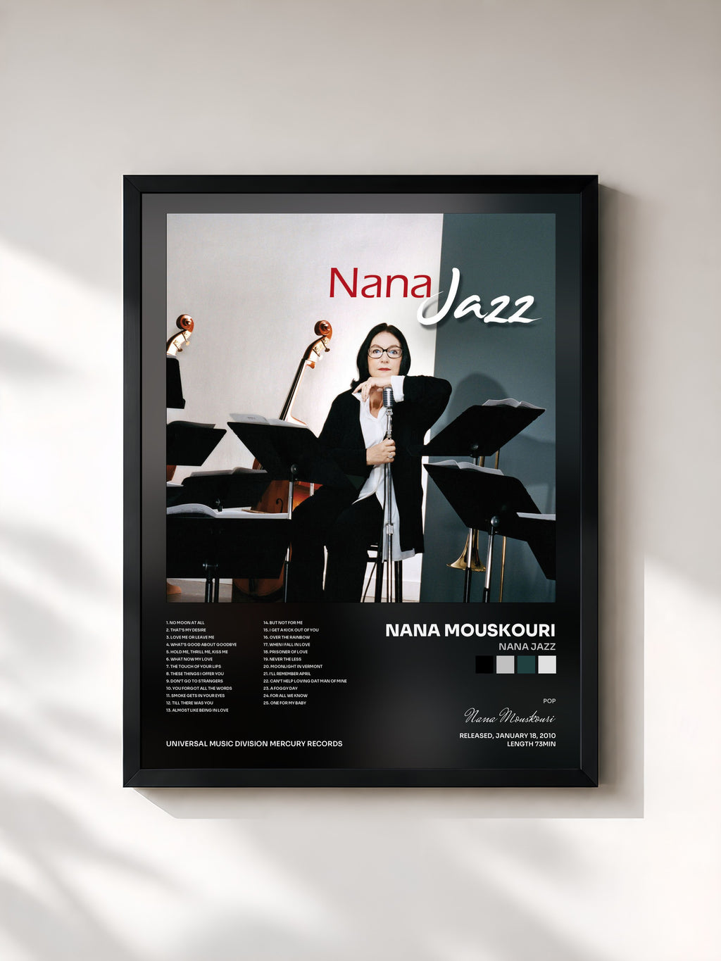 #noir Tableau de l'album Nana Jazz de Nana Mouskouri, cadre noir, imprimé et encadré en France