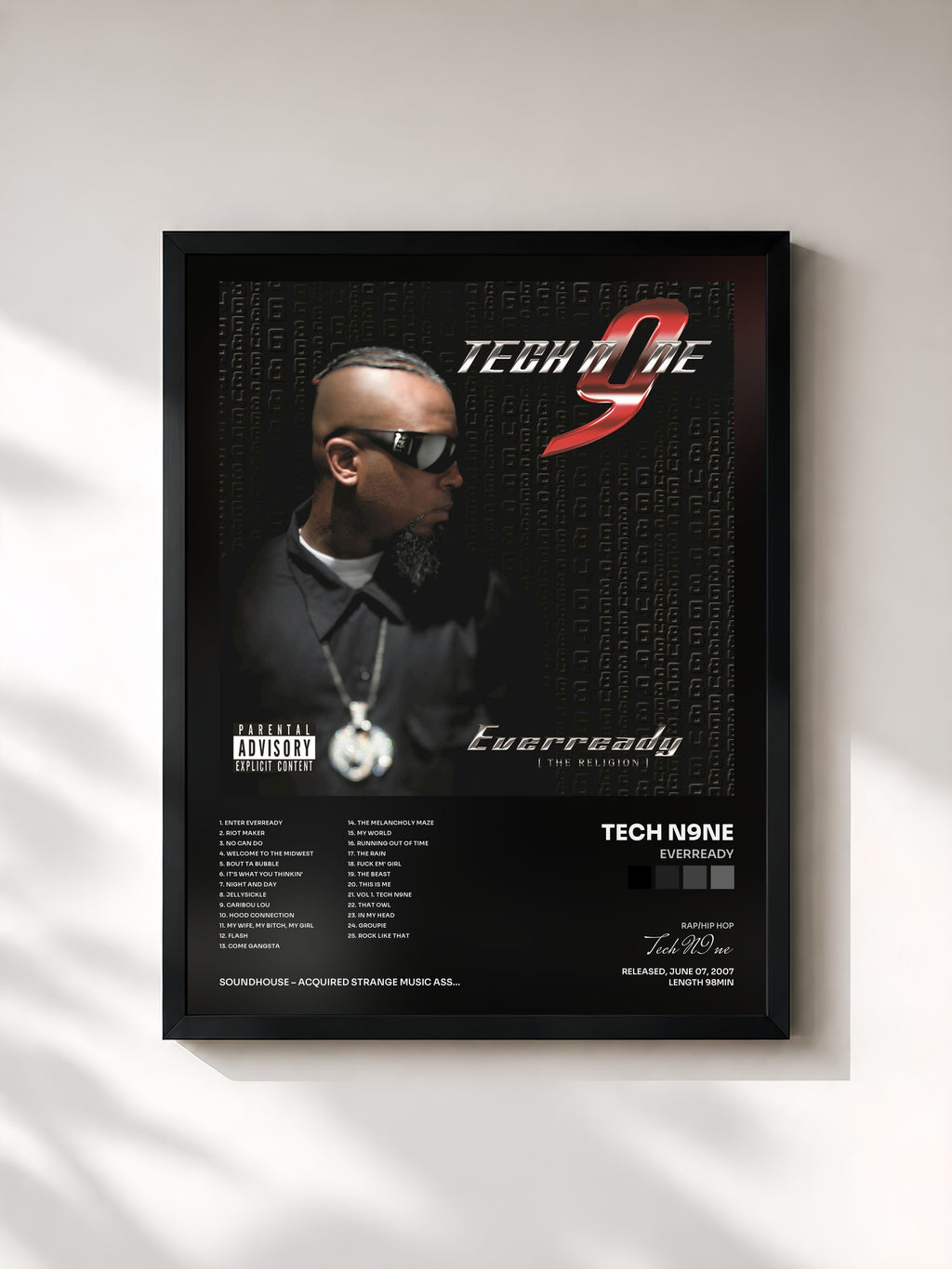 #noir Tableau de l'album Everready de Tech N9ne, cadre noir, imprimé et encadré en France
