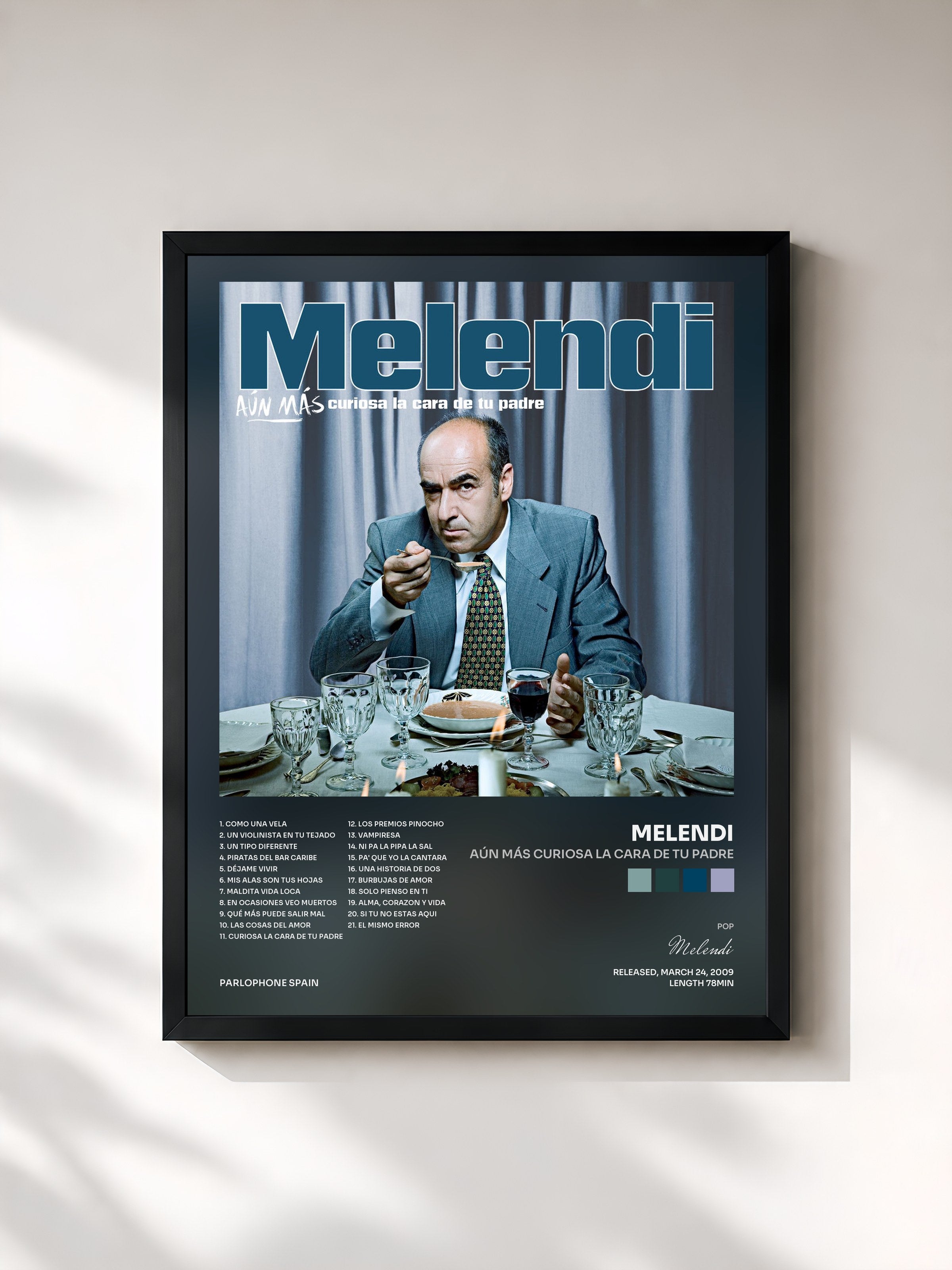 #noir Tableau de l'album Aún Más Curiosa La Cara De Tu Padre de Melendi, cadre noir, imprimé et encadré en France