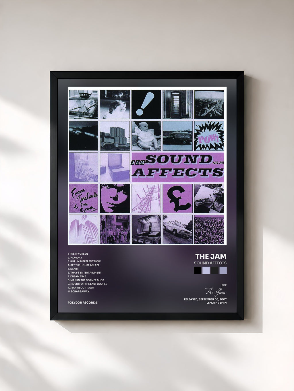 #noir Tableau de l'album Sound Affects de The Jam, cadre noir, imprimé et encadré en France