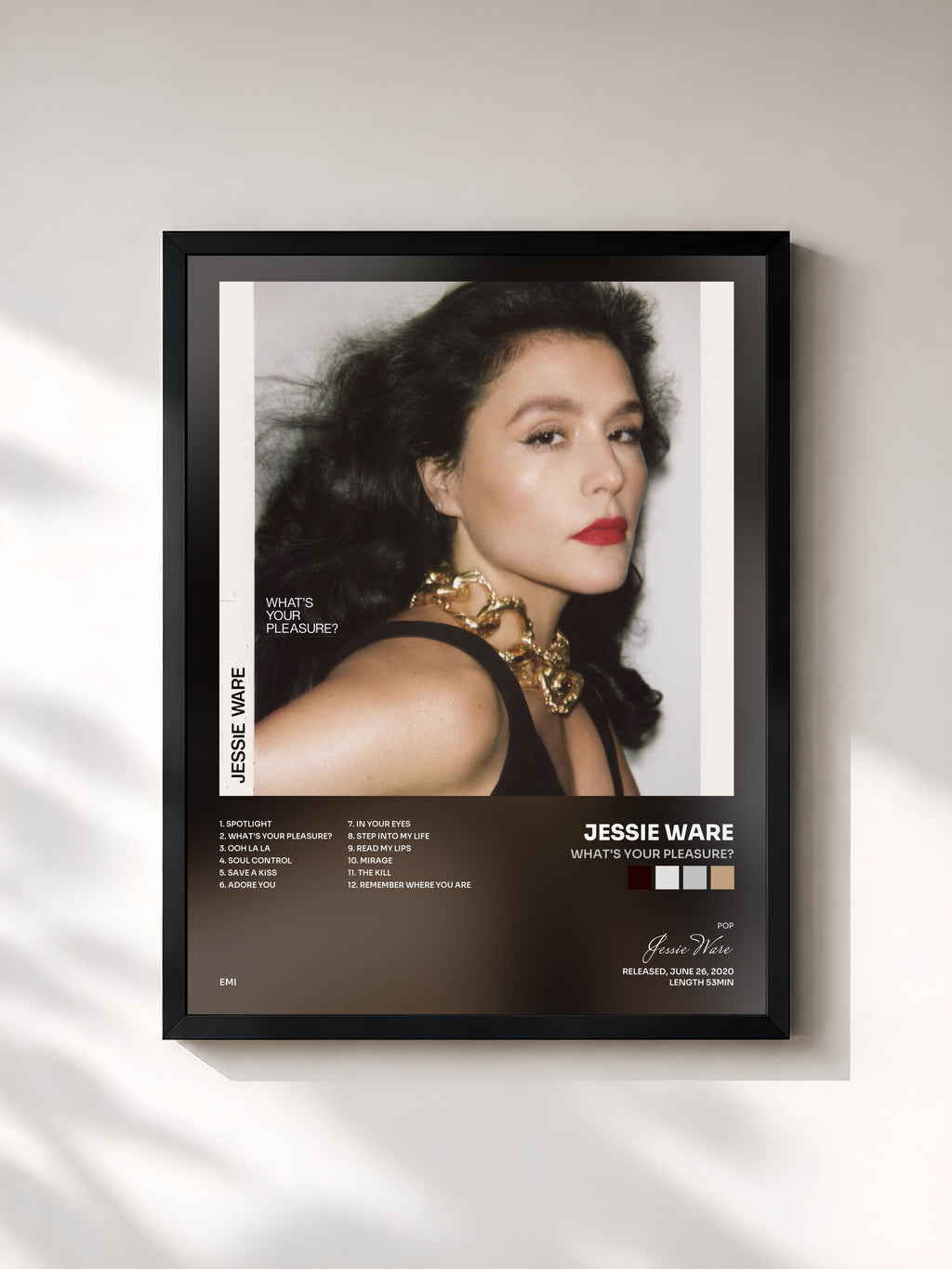#noir Tableau de l'album What's Your Pleasure? de Jessie Ware, cadre noir, imprimé et encadré en France