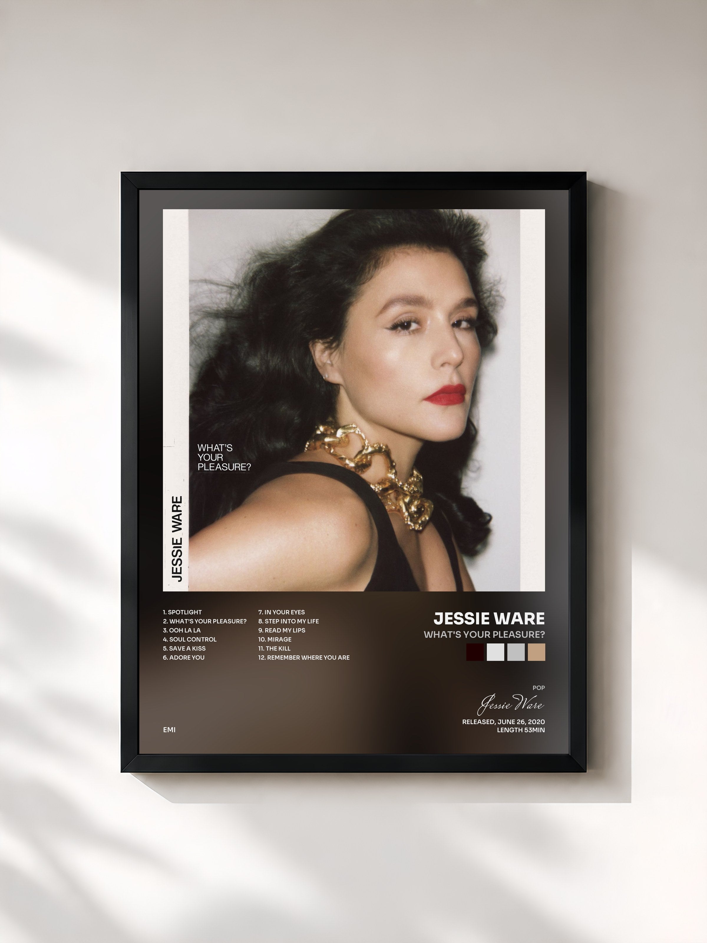 #noir Tableau de l'album What's Your Pleasure? de Jessie Ware, cadre noir, imprimé et encadré en France
