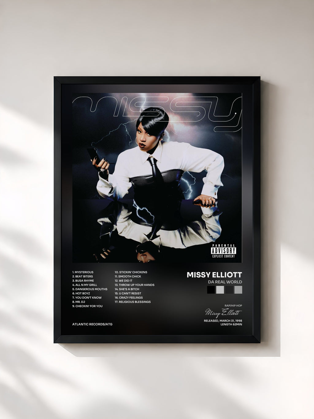 #noir Tableau de l'album Da Real World de Missy Elliott, cadre noir, imprimé et encadré en France