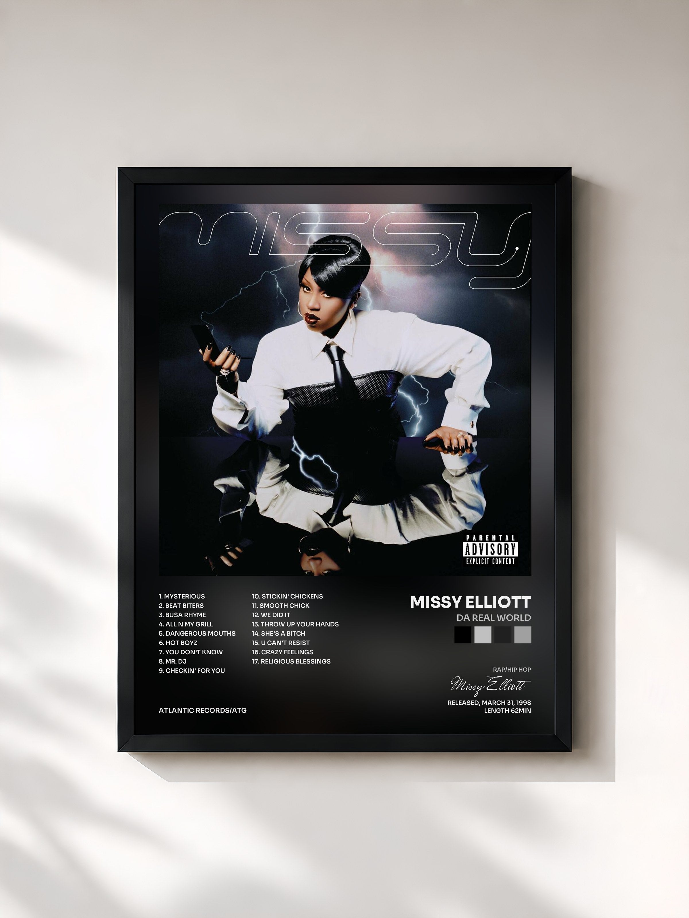 #noir Tableau de l'album Da Real World de Missy Elliott, cadre noir, imprimé et encadré en France