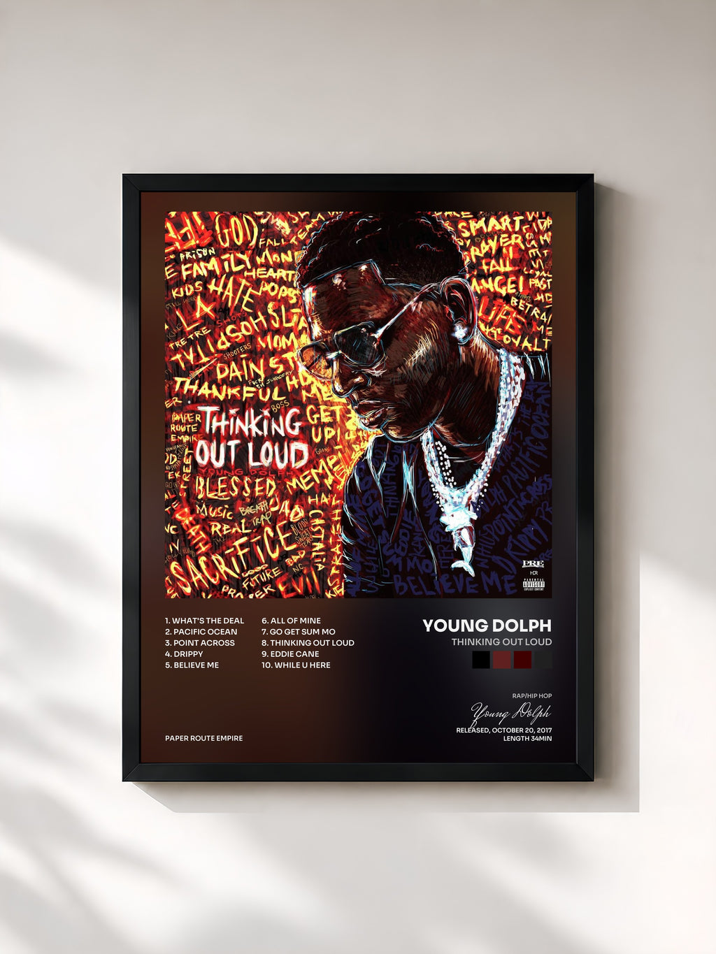 #noir Tableau de l'album Thinking Out Loud de Young Dolph, cadre noir, imprimé et encadré en France
