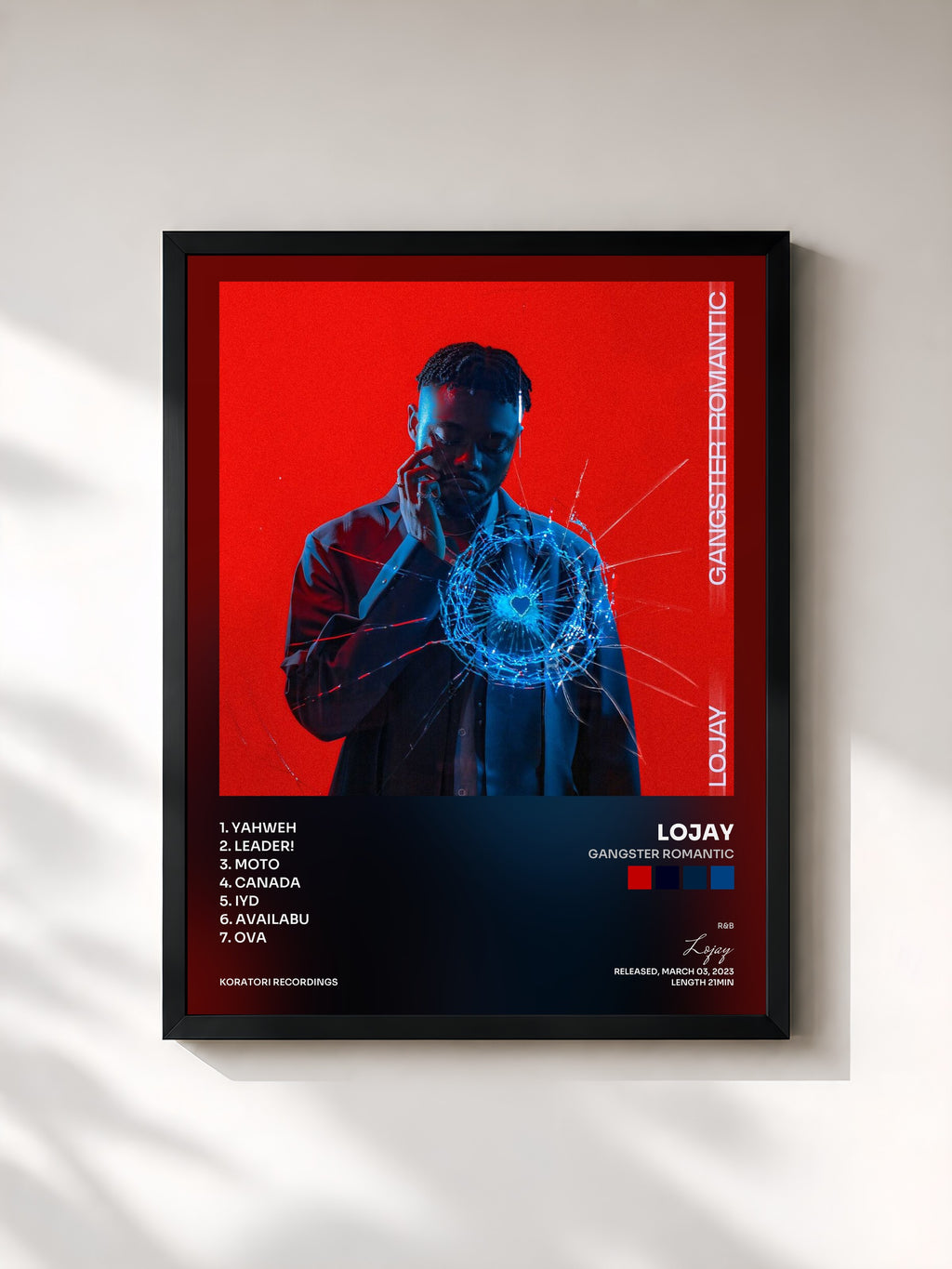 #noir Tableau de l'album GANGSTER ROMANTIC de Lojay, cadre noir, imprimé et encadré en France