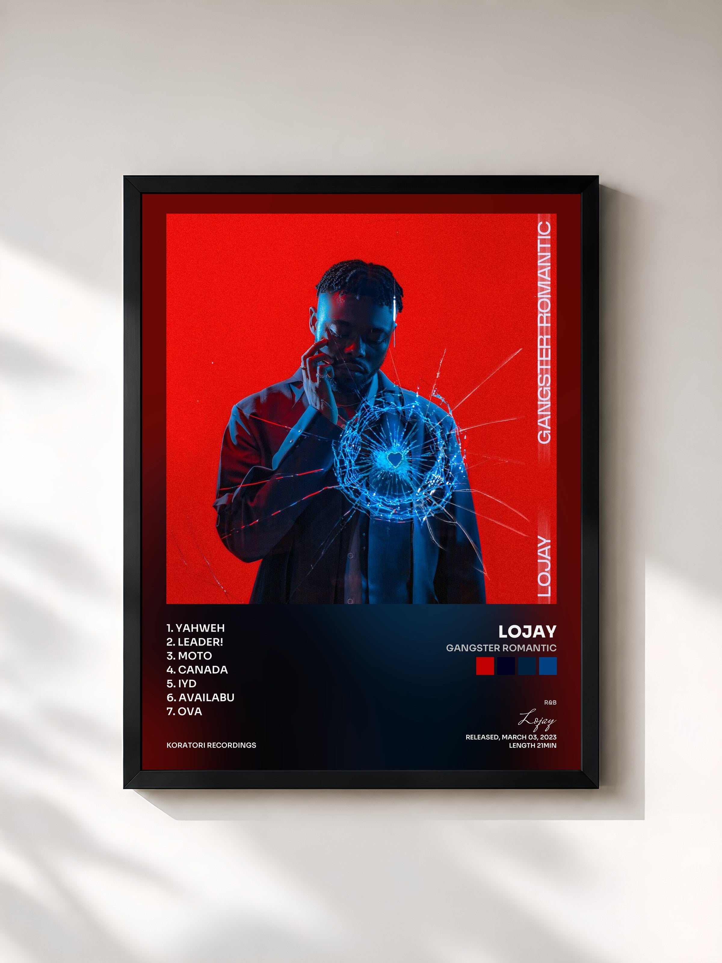 #noir Tableau de l'album GANGSTER ROMANTIC de Lojay, cadre noir, imprimé et encadré en France