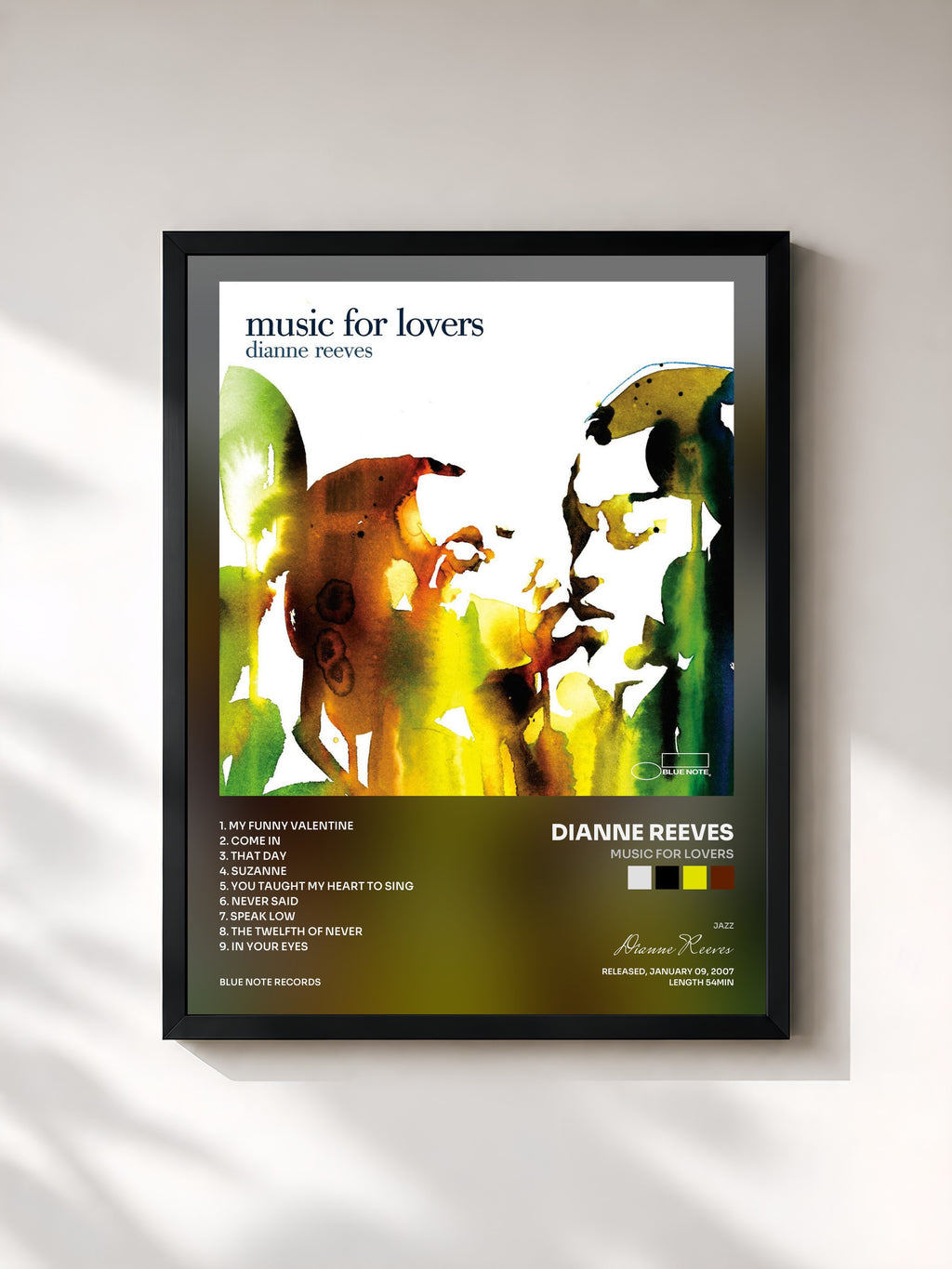 #noir Tableau de l'album Music For Lovers de Dianne Reeves, cadre noir, imprimé et encadré en France
