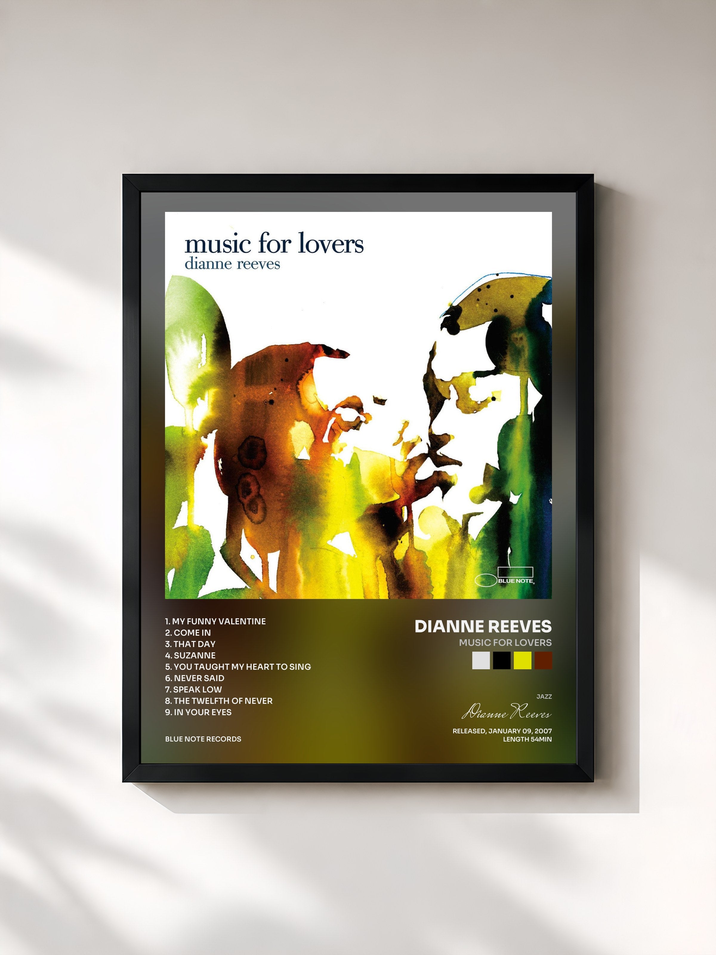 #noir Tableau de l'album Music For Lovers de Dianne Reeves, cadre noir, imprimé et encadré en France