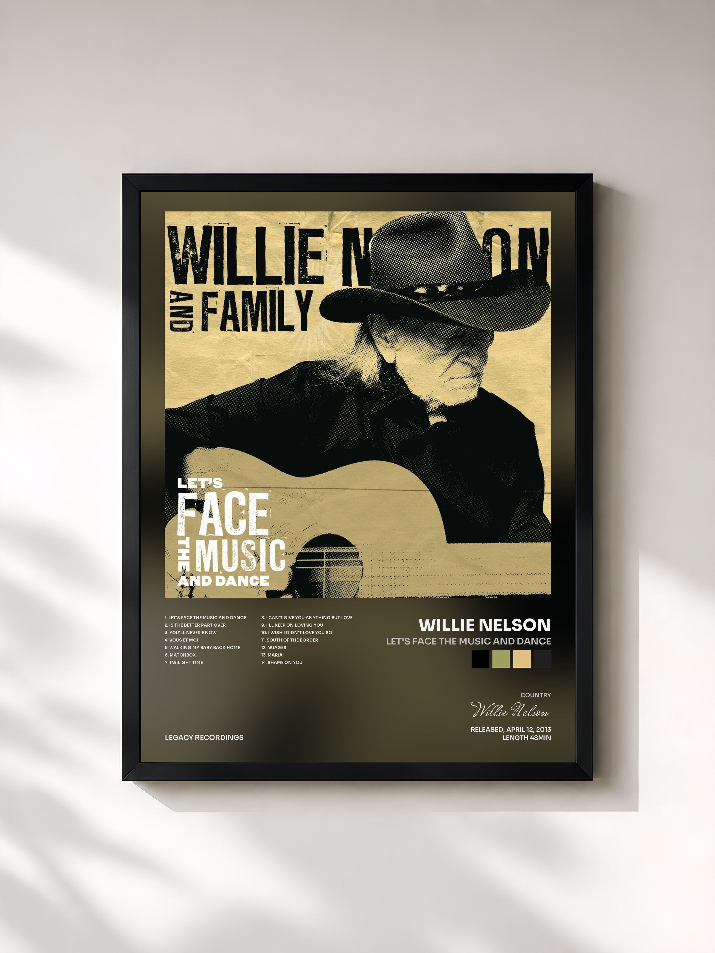 #noir Tableau de l'album Let's Face The Music And Dance de Willie Nelson, cadre noir, imprimé et encadré en France