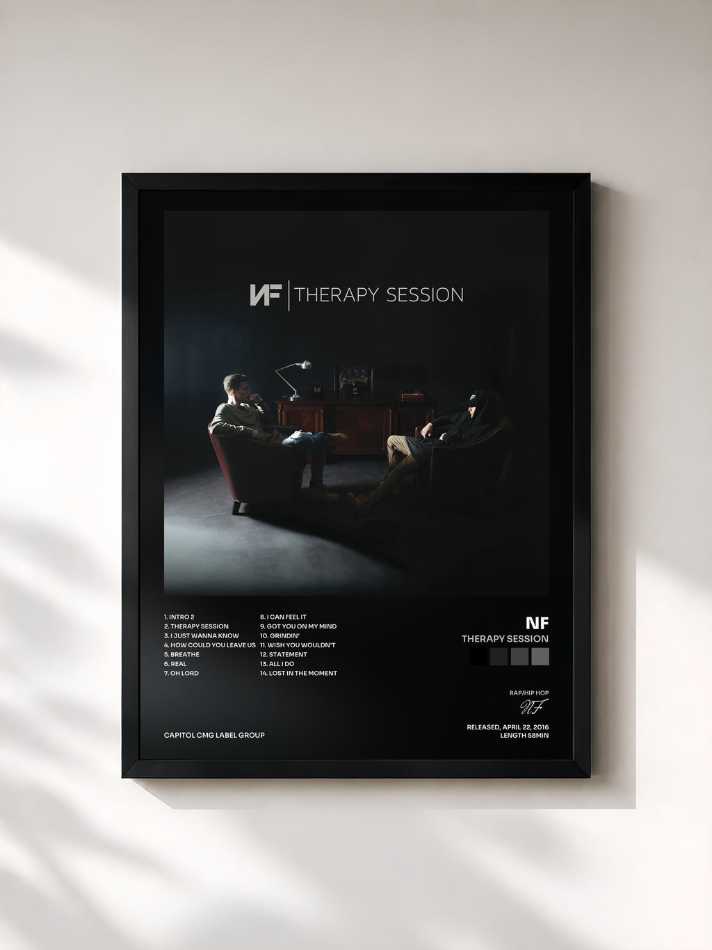 #noir Tableau de l'album Therapy Session de NF, cadre noir, imprimé et encadré en France