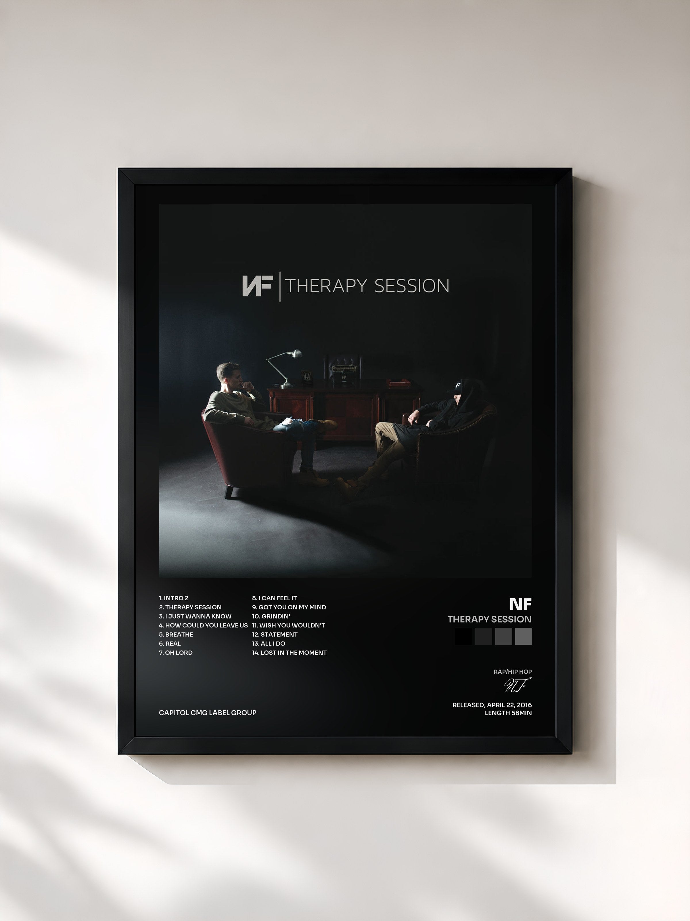 #noir Tableau de l'album Therapy Session de NF, cadre noir, imprimé et encadré en France