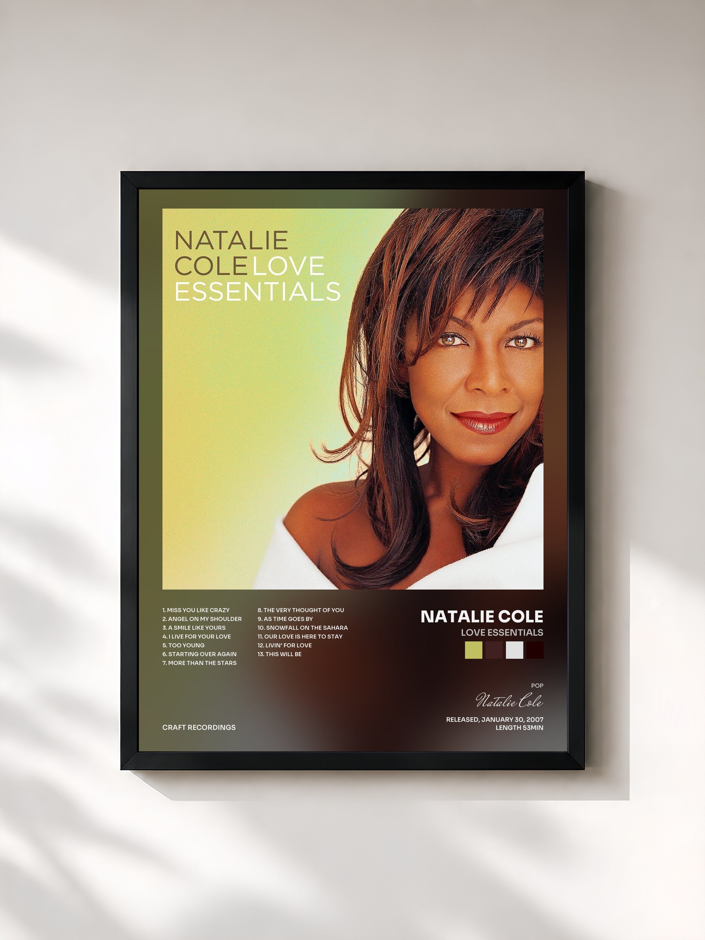#noir Tableau de l'album Love Essentials de Natalie Cole, cadre noir, imprimé et encadré en France