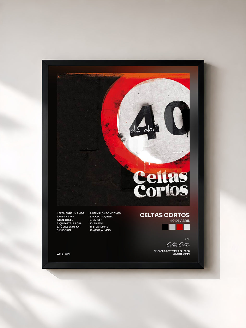#noir Tableau de l'album 40 de abril de Celtas Cortos, cadre noir, imprimé et encadré en France