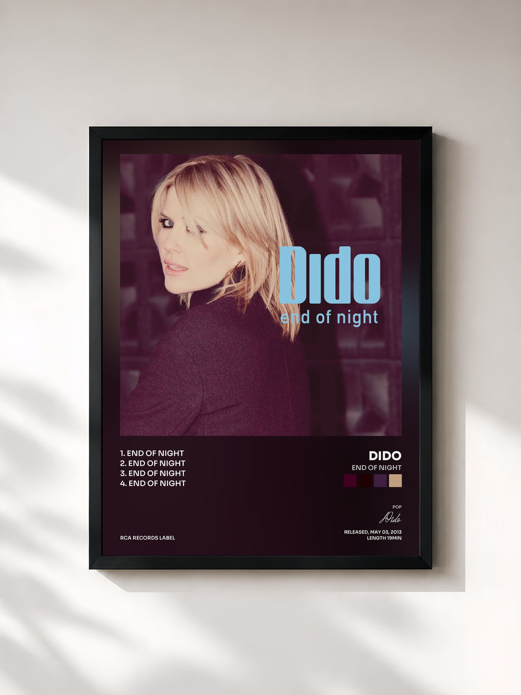 #noir Tableau de l'album End of Night de Dido, cadre noir, imprimé et encadré en France