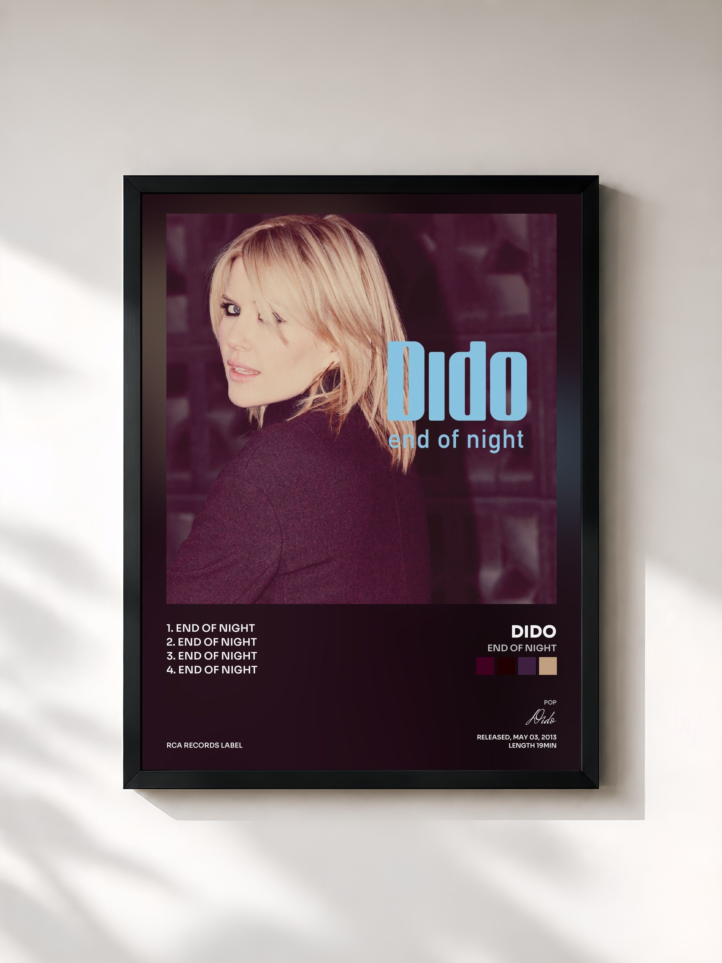 #noir Tableau de l'album End of Night de Dido, cadre noir, imprimé et encadré en France