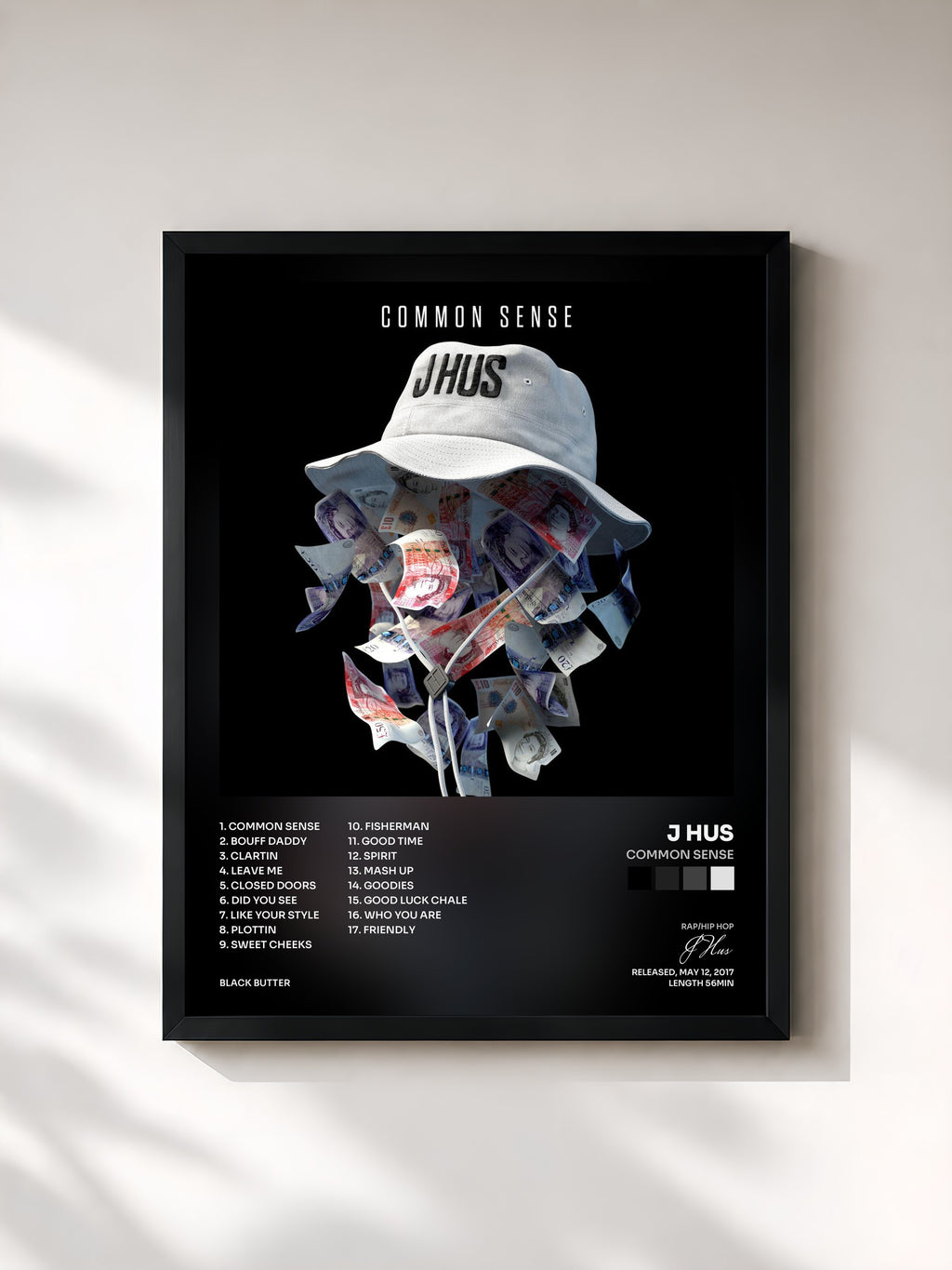 #noir Tableau de l'album Common Sense de J Hus, cadre noir, imprimé et encadré en France