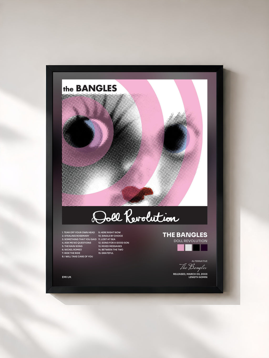 #noir Tableau de l'album Doll Revolution de The Bangles, cadre noir, imprimé et encadré en France