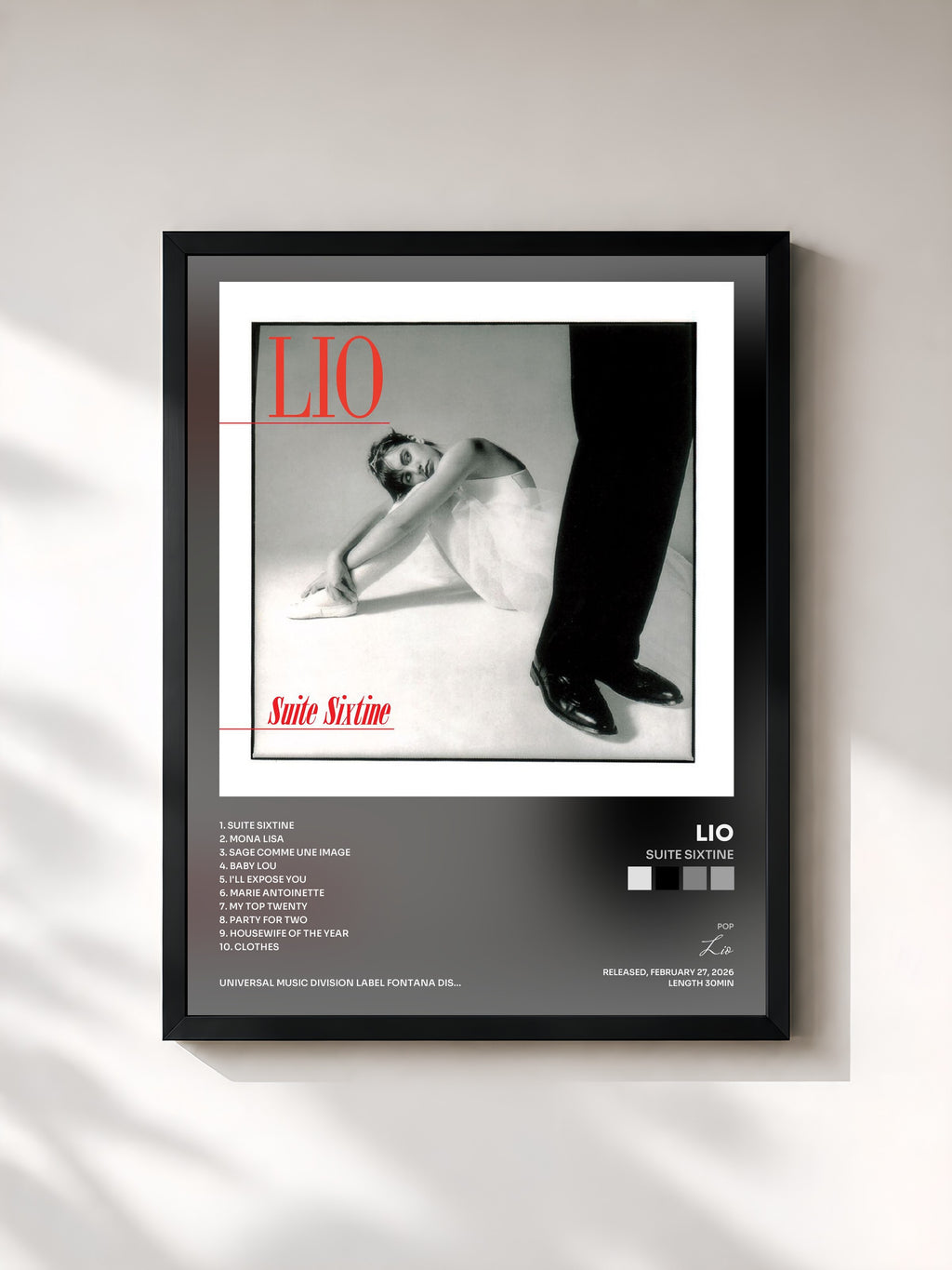 #noir Tableau de l'album Suite Sixtine de Lio, cadre noir, imprimé et encadré en France