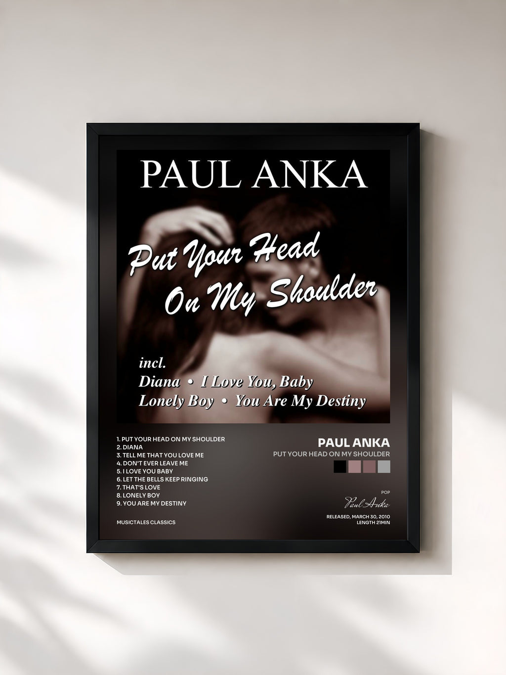 #noir Tableau de l'album Put Your Head On My Shoulder de Paul Anka, cadre noir, imprimé et encadré en France