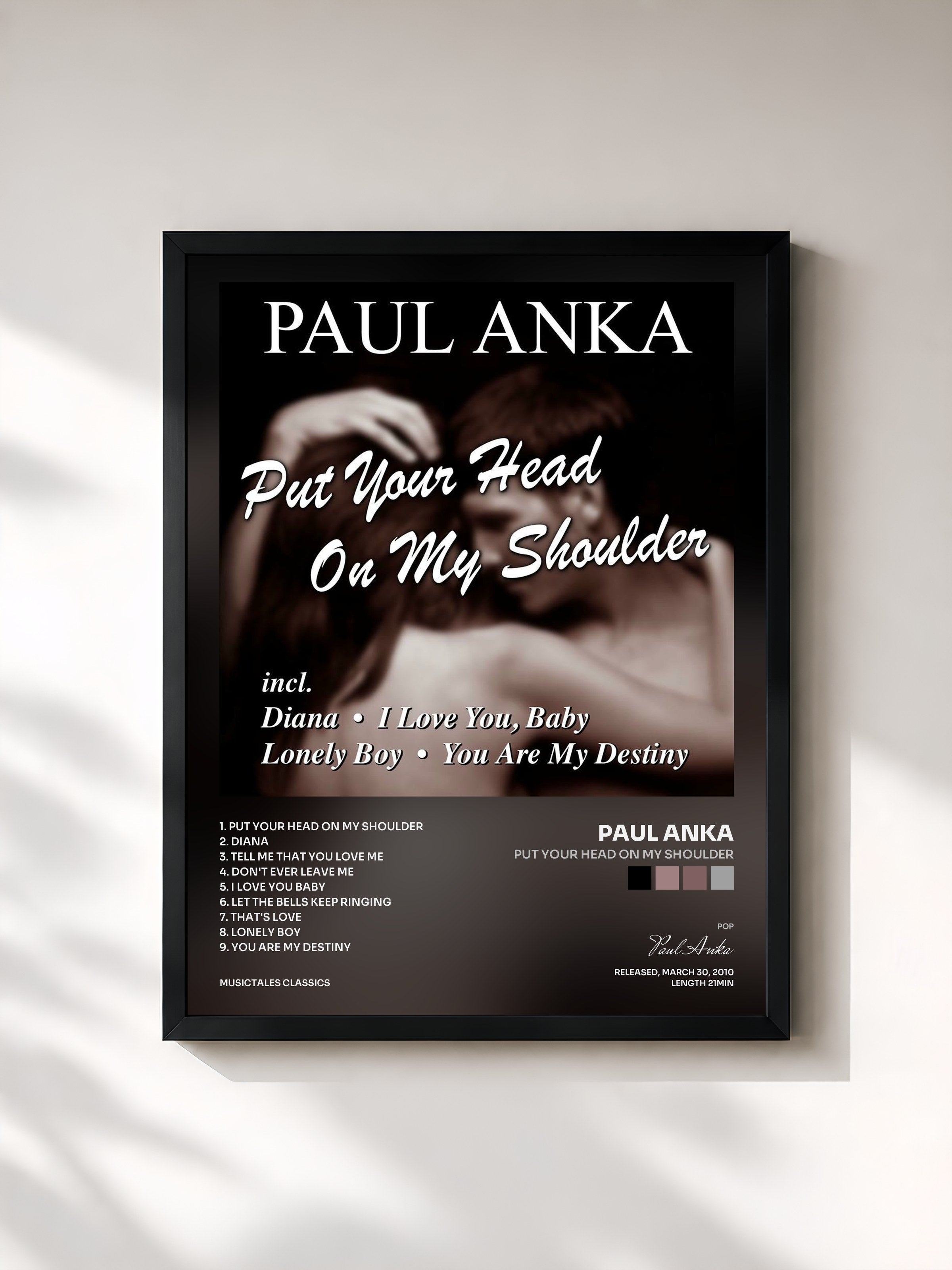 #noir Tableau de l'album Put Your Head On My Shoulder de Paul Anka, cadre noir, imprimé et encadré en France
