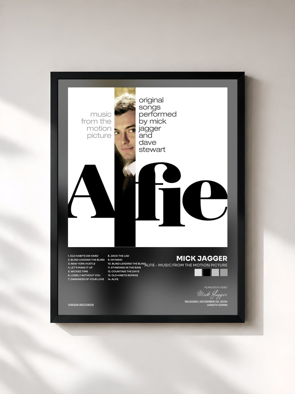 #noir Tableau de l'album Alfie - Music From The Motion Picture de Mick Jagger, cadre noir, imprimé et encadré en France