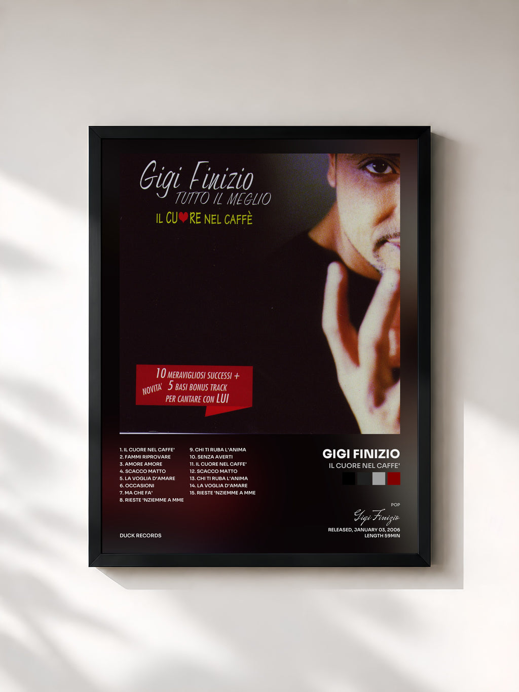 #noir Tableau de l'album Il Cuore Nel Caffe' de Gigi Finizio, cadre noir, imprimé et encadré en France