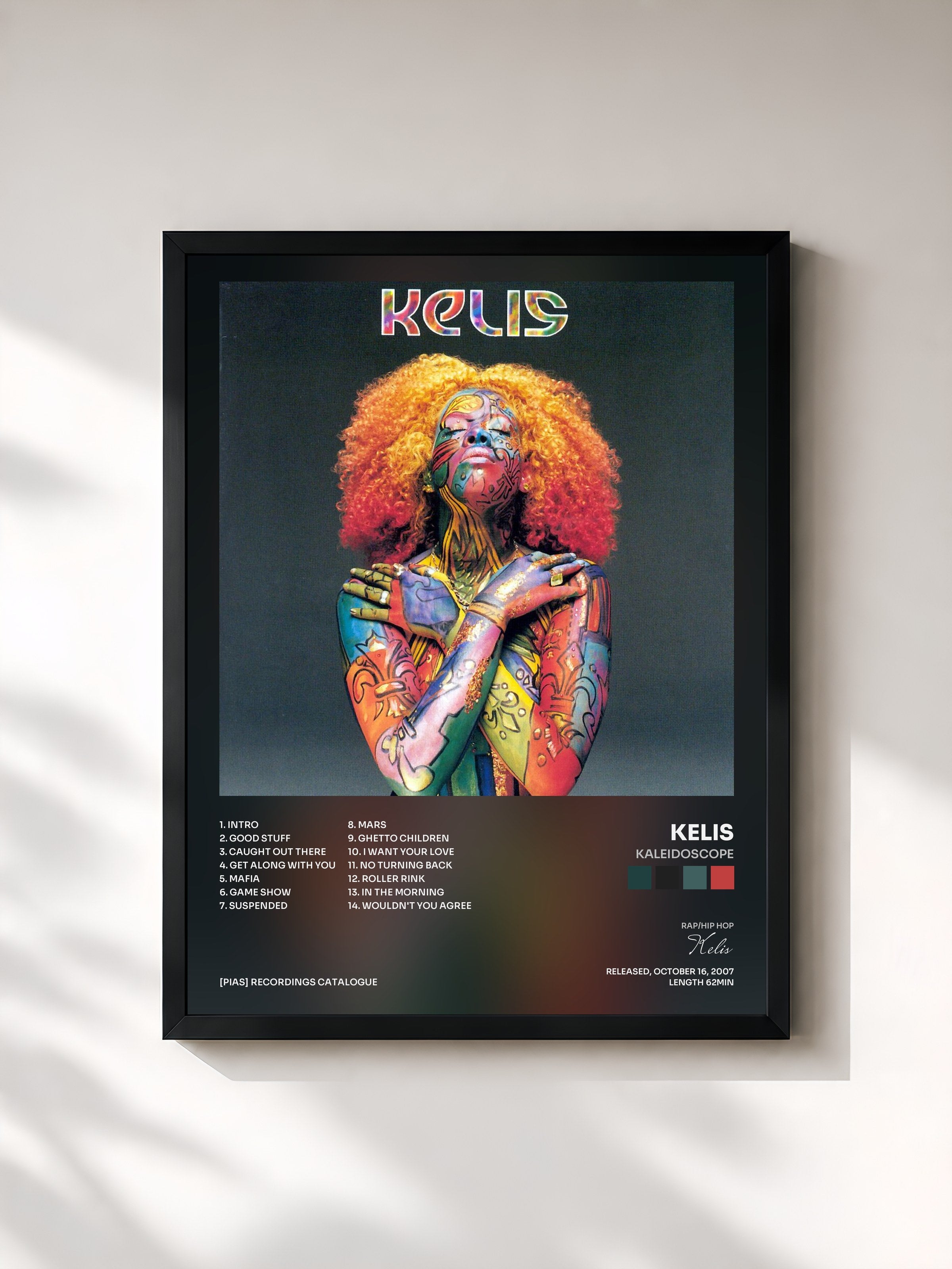 #noir Tableau de l'album Kaleidoscope de Kelis, cadre noir, imprimé et encadré en France