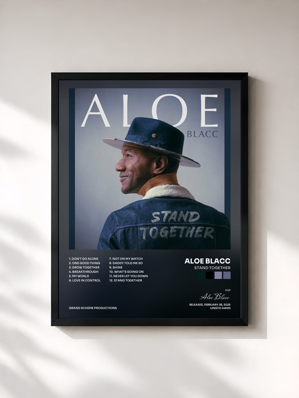 #noir Tableau de l'album Stand Together de Aloe Blacc, cadre noir, imprimé et encadré en France